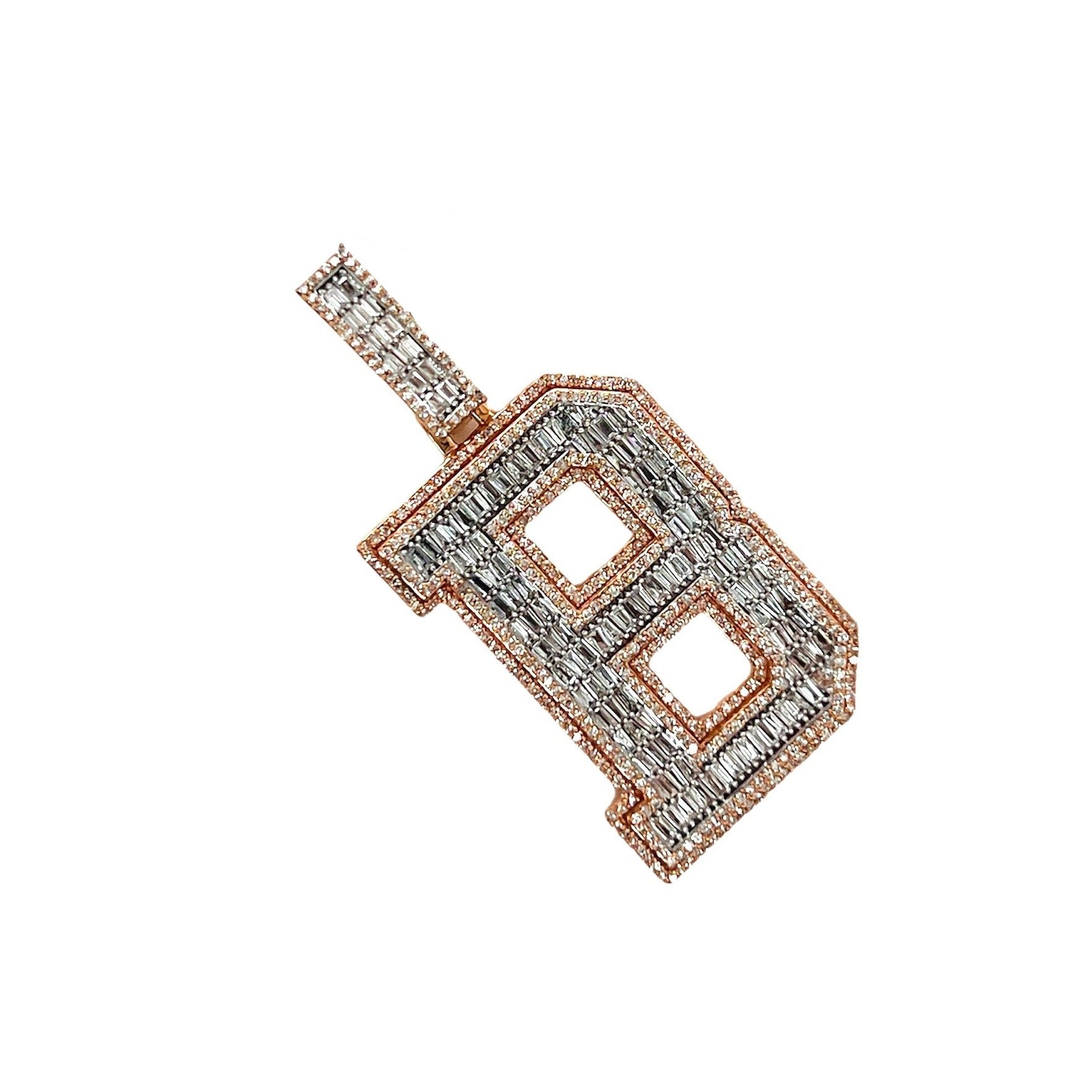 10K Rose White Gold 3D Letter B Initial Baguette Diamond Pendant 1.75 CT 1.75"