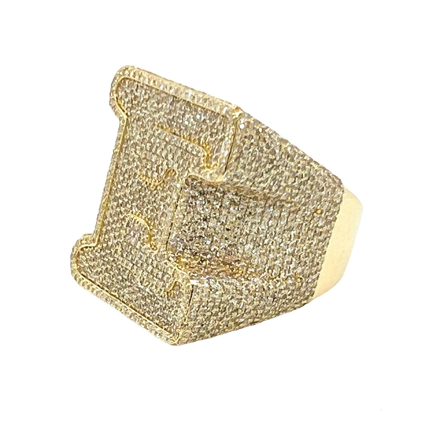 10K Yellow Gold 26MM 3D Initial Letter E Diamond Ring 4.88 CT