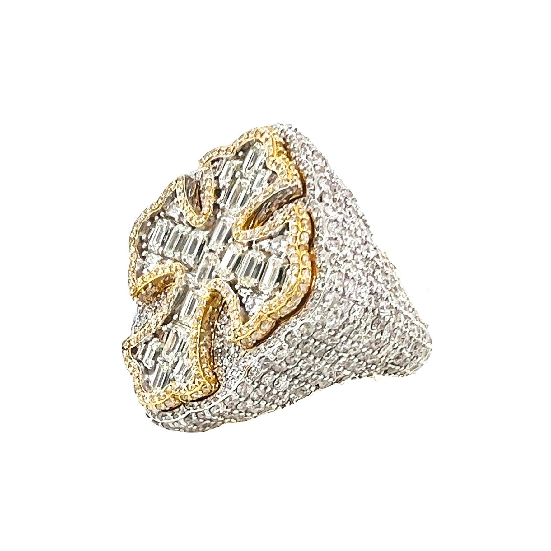 10K Yellow White Gold 29MM 3D Gothic Cross Baguette Diamond Ring 7.66 CT