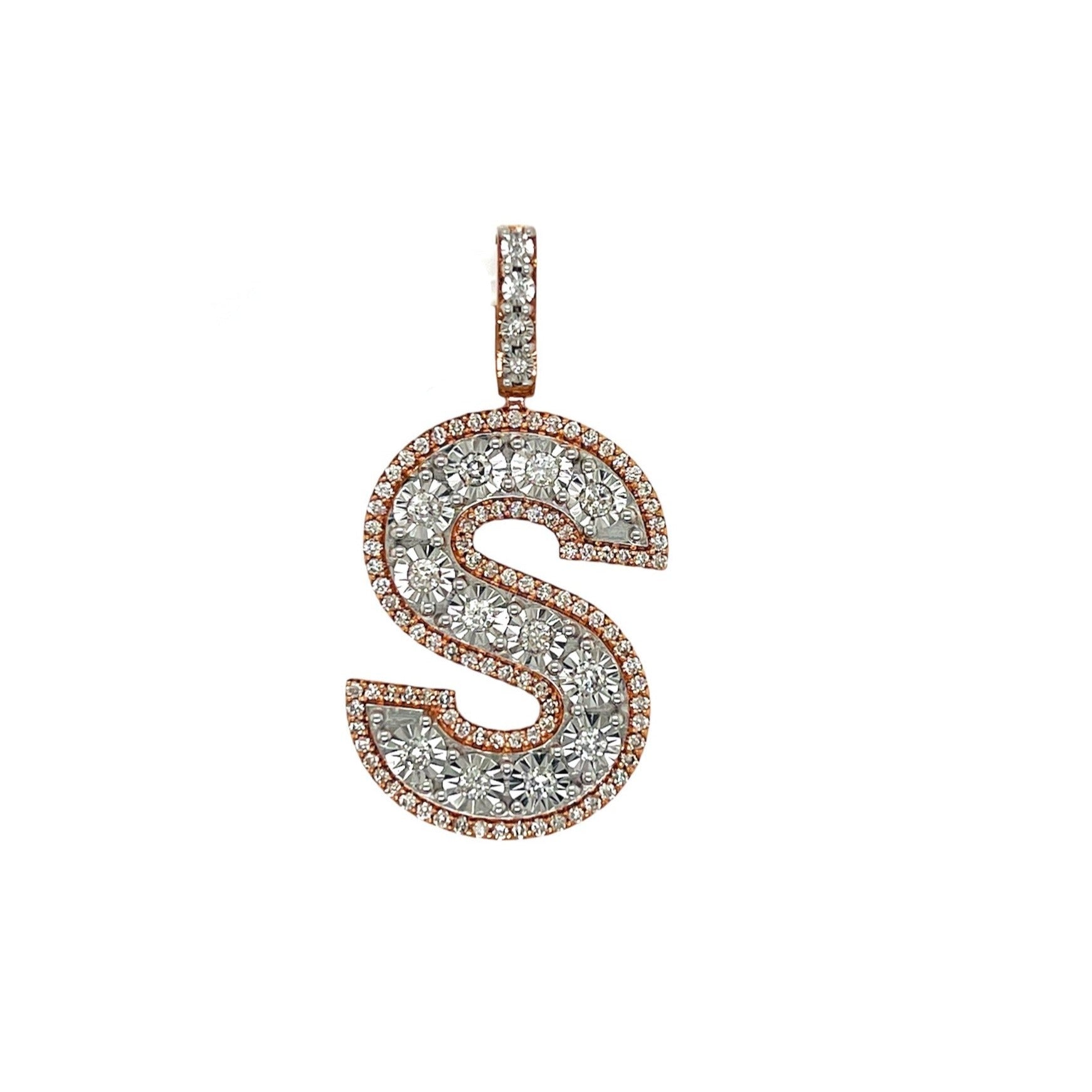 10K Rose White Gold 3D Letter S Initial Diamond Pendant 1.07 CT 1.6"