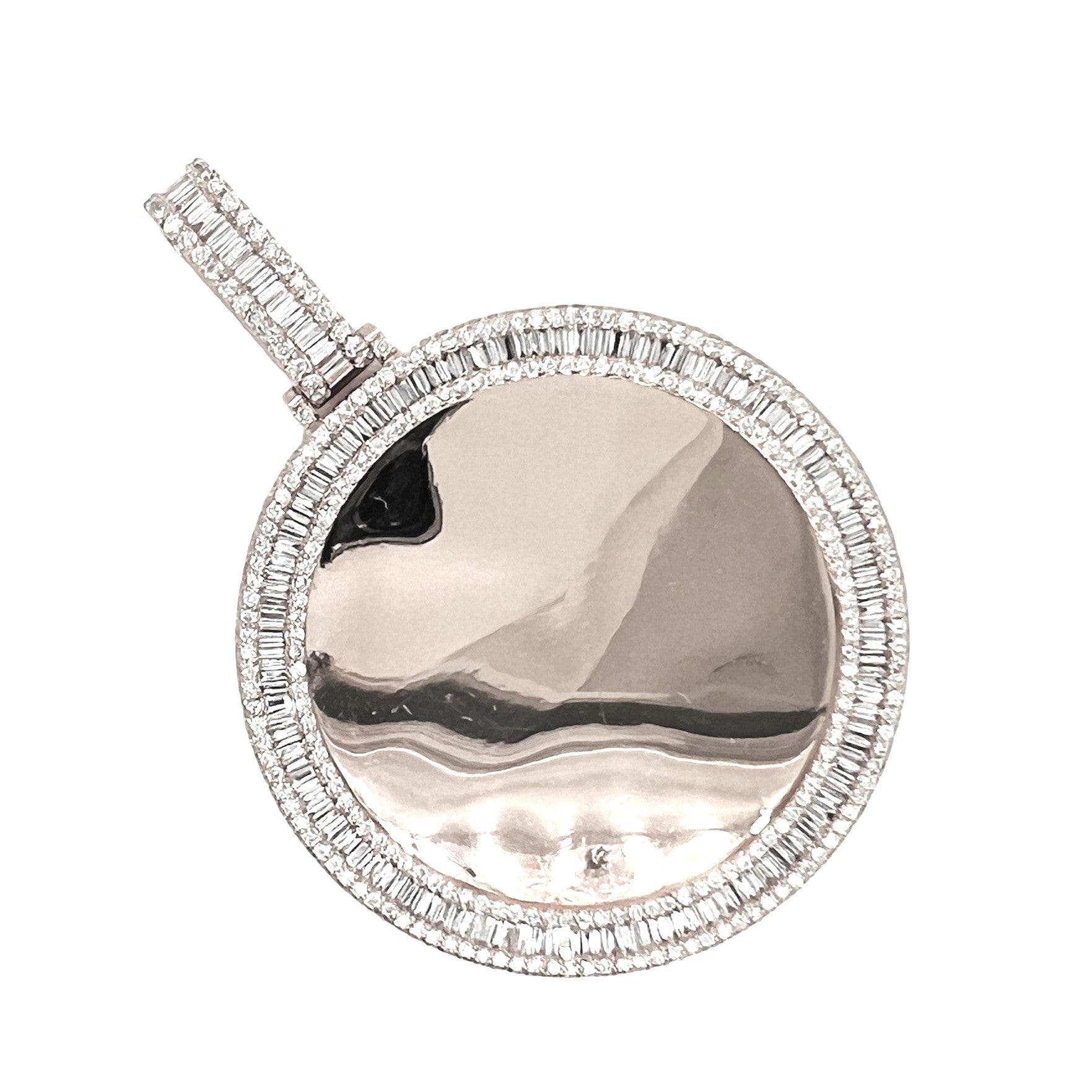10K White Gold 3D Memory Frame VS Baguette Diamond Pendant 9.75 CT 2.8"