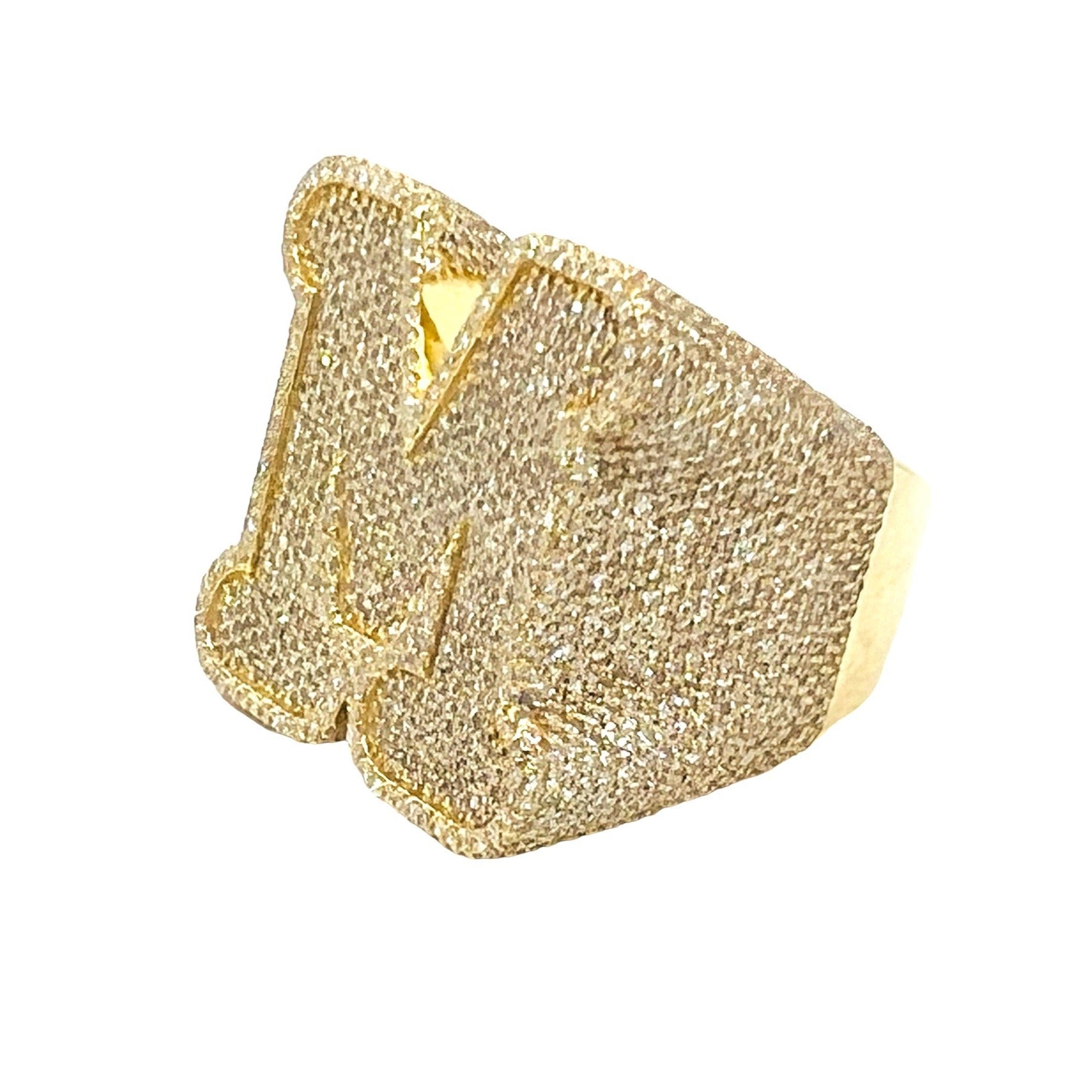 10K Yellow Gold 26MM 3D Initial Letter M Diamond Ring 4.98 CT