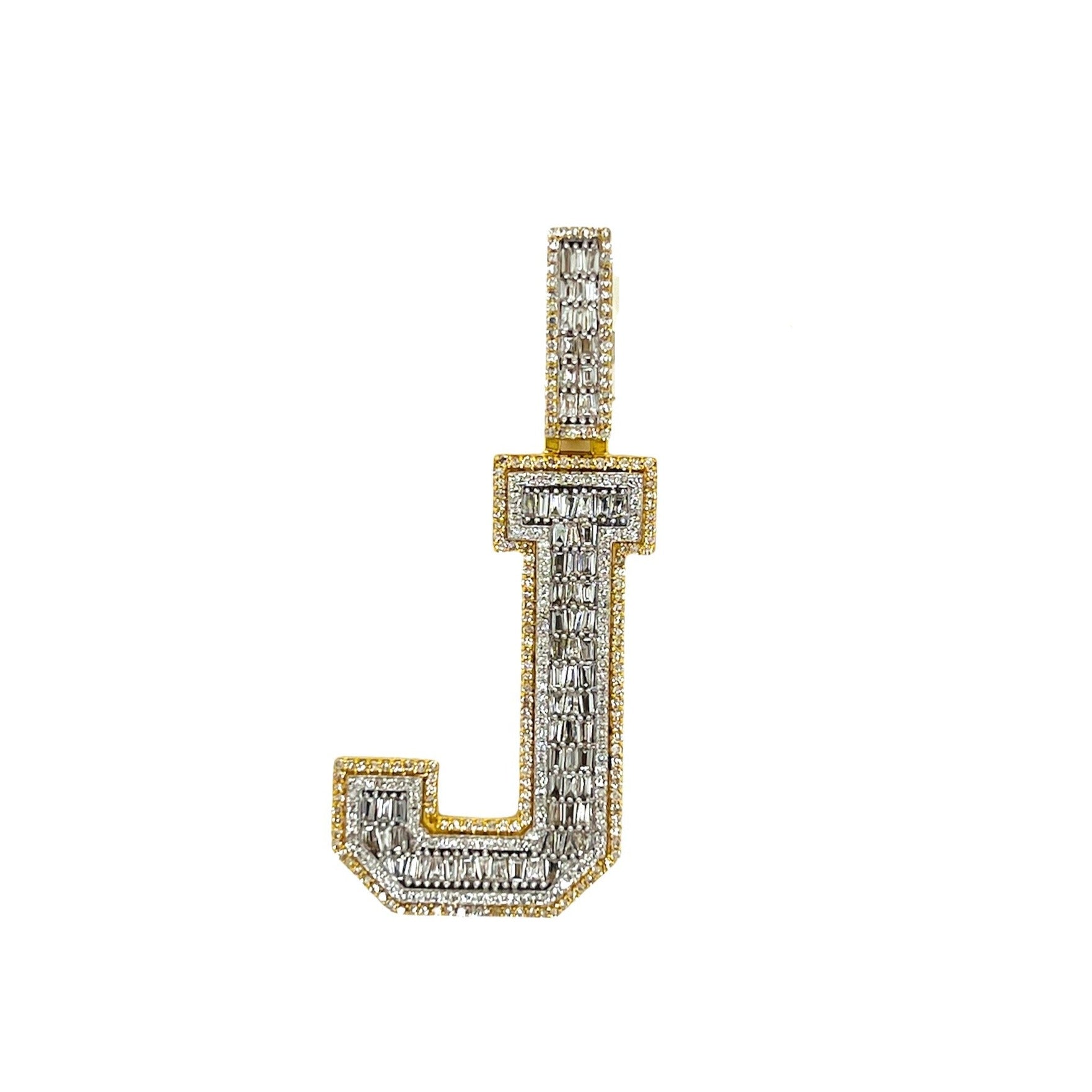 10K Yellow White Gold 3D Letter J Initial Baguette Diamond Pendant 1.16 CT 1.75"