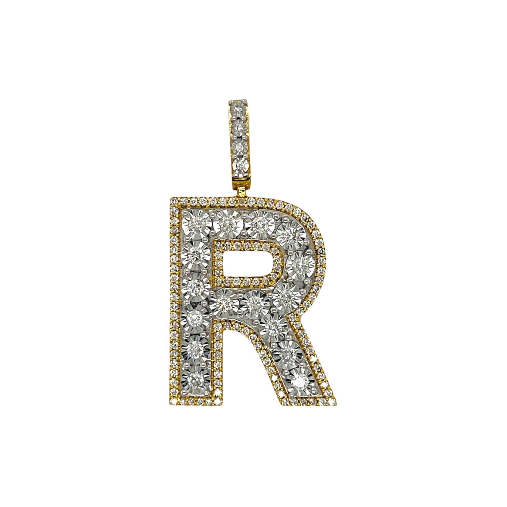 10K Yellow White Gold 3D Letter R Initial Diamond Pendant 1.50 CT 1.6"