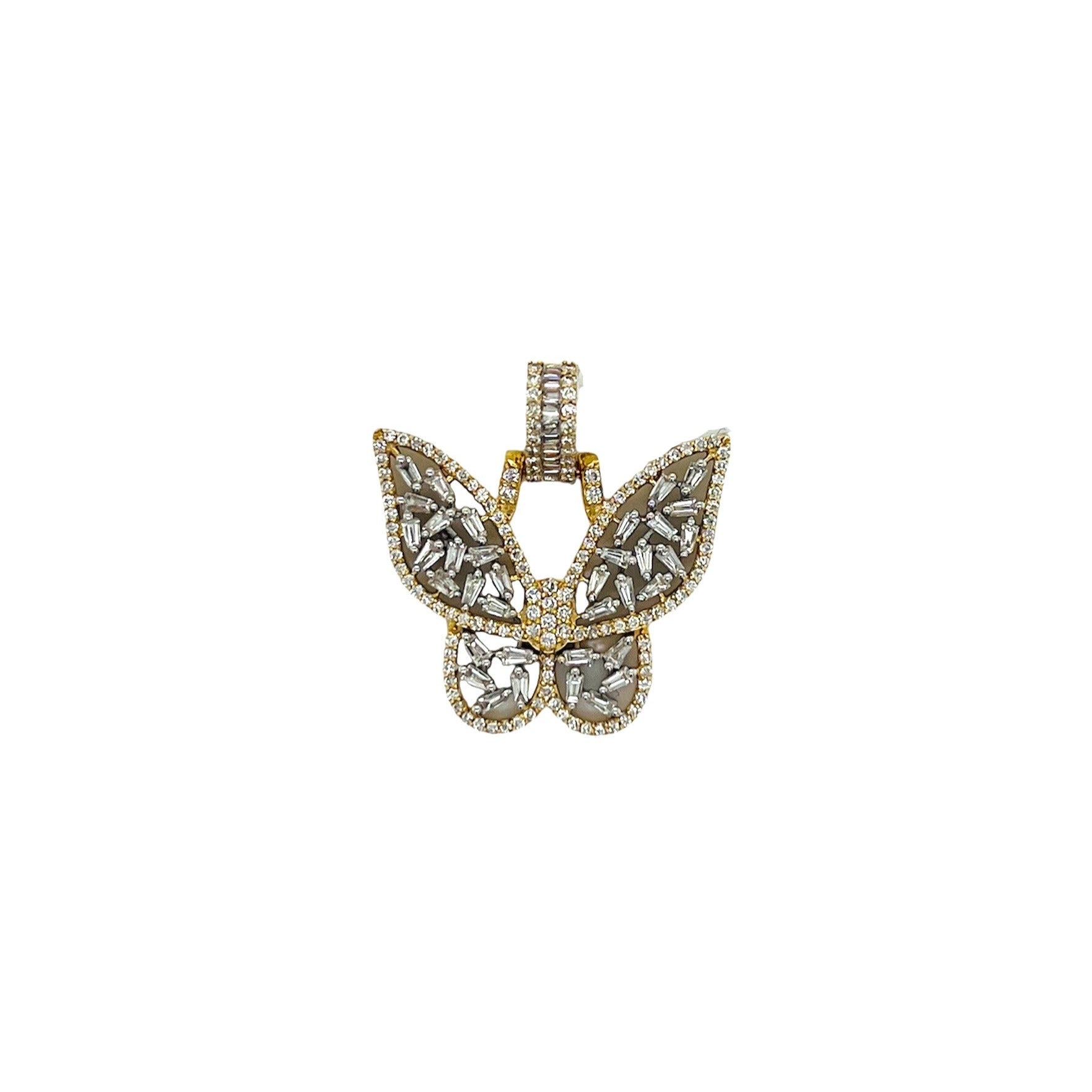 10K Yellow White Gold Butterfly Baguette Diamond Pendant 1.17 CT 1"