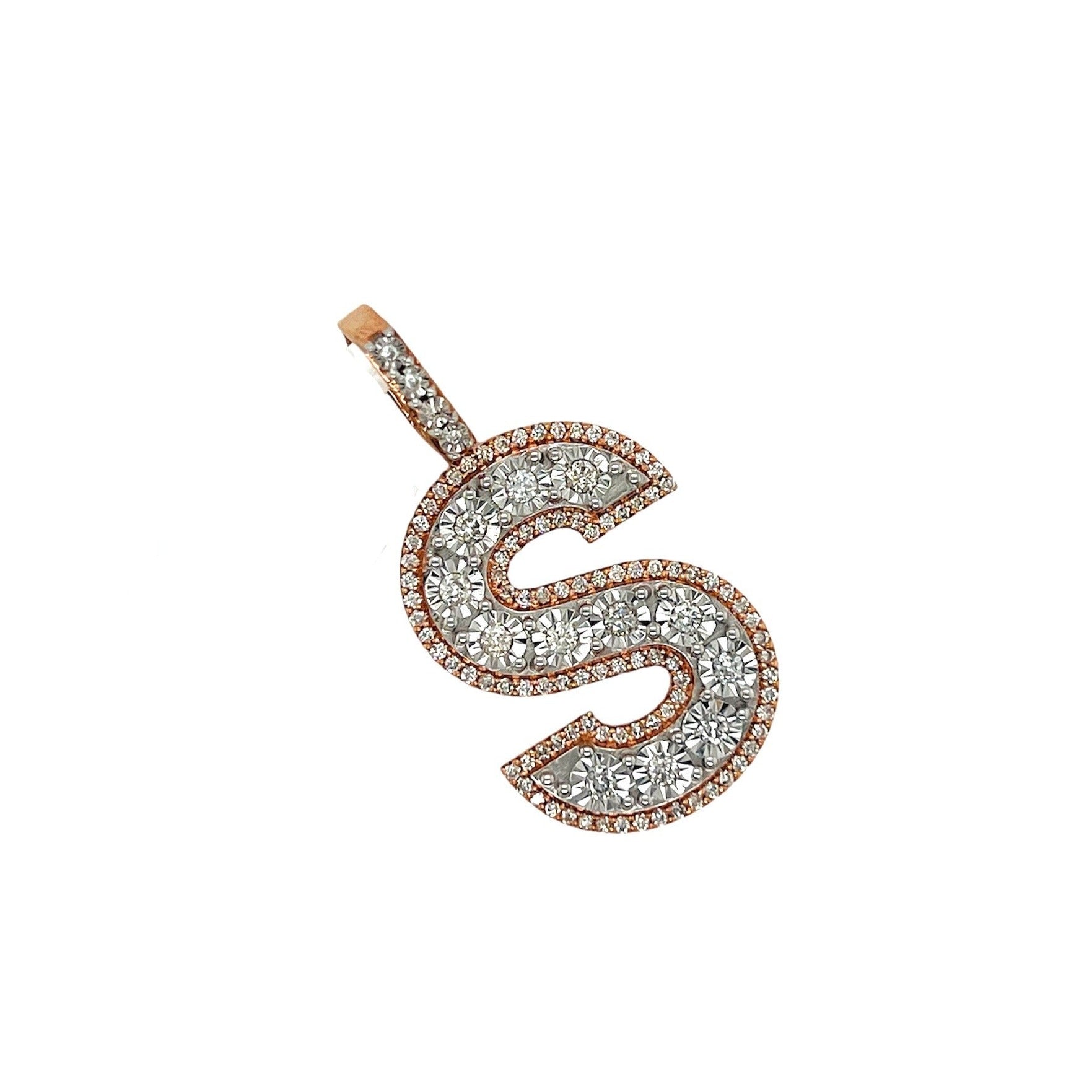 10K Rose White Gold 3D Letter S Initial Diamond Pendant 1.07 CT 1.6"