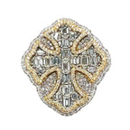 10K Yellow White Gold 29MM 3D Gothic Cross Baguette Diamond Ring 7.66 CT