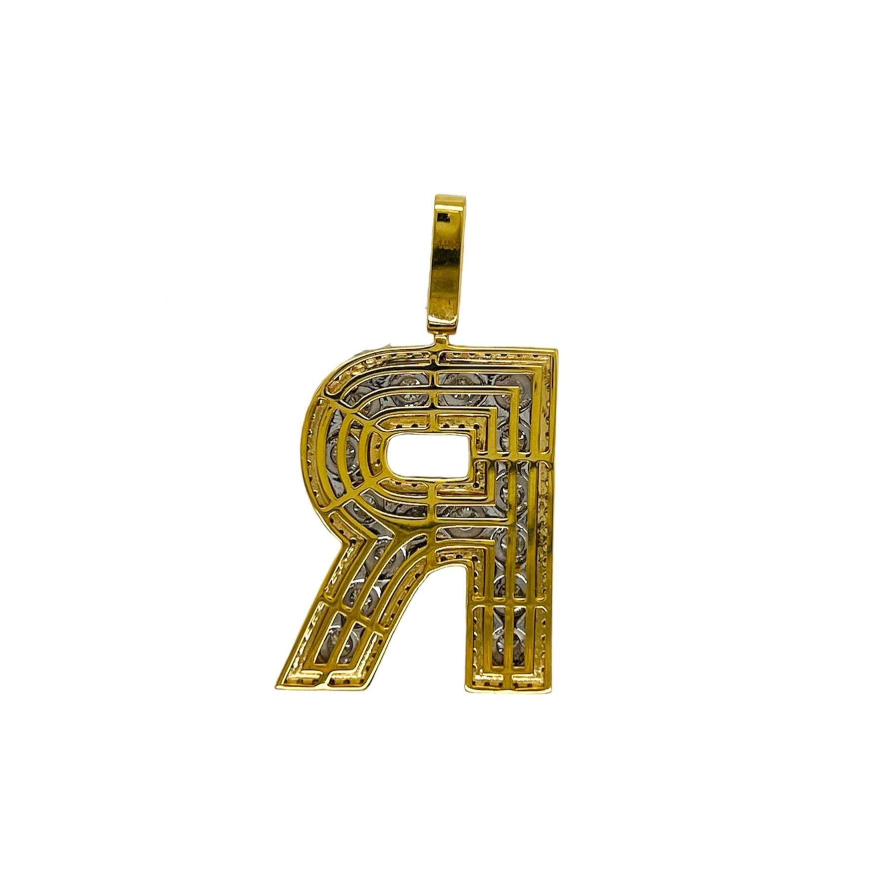 10K Yellow White Gold 3D Letter R Initial Diamond Pendant 1.50 CT 1.6"