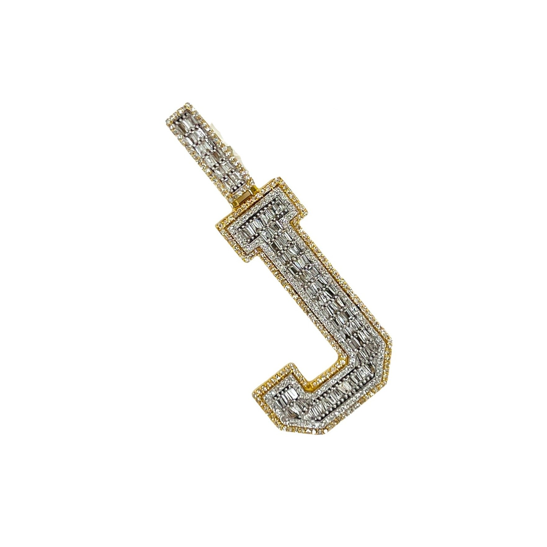 10K Yellow White Gold 3D Letter J Initial Baguette Diamond Pendant 1.16 CT 1.75"