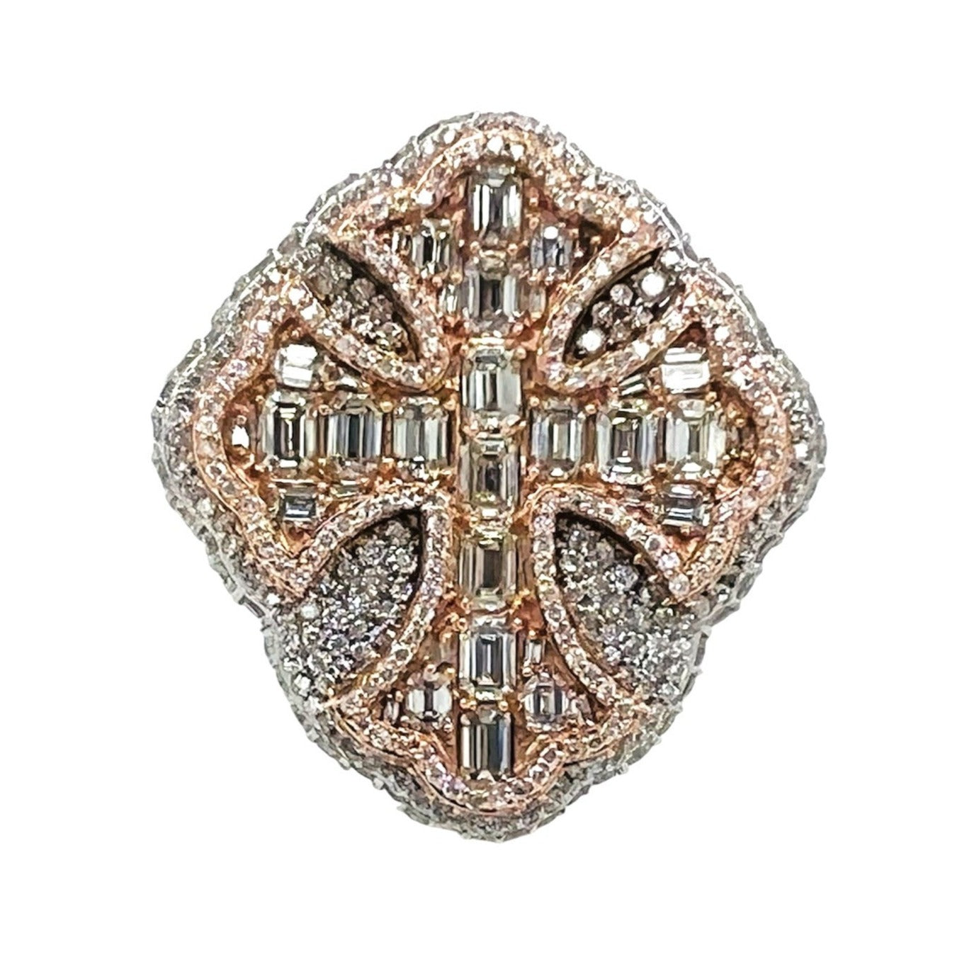 10K Rose White Gold 29MM 3D Gothic Cross Baguette Diamond Ring 7.69 CT