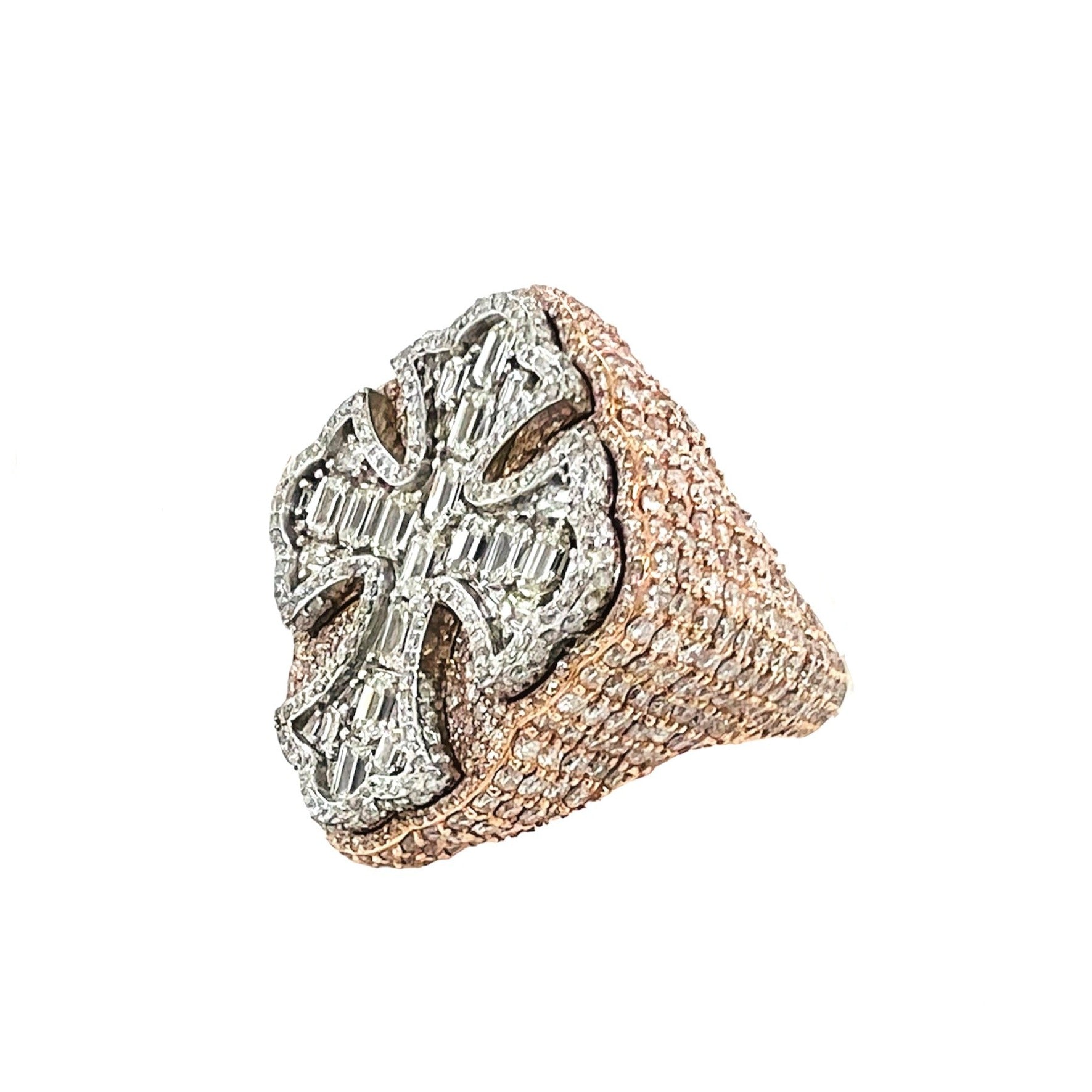 10K Rose White Gold 29MM 3D Gothic Cross Baguette Diamond Ring 7.08 CT