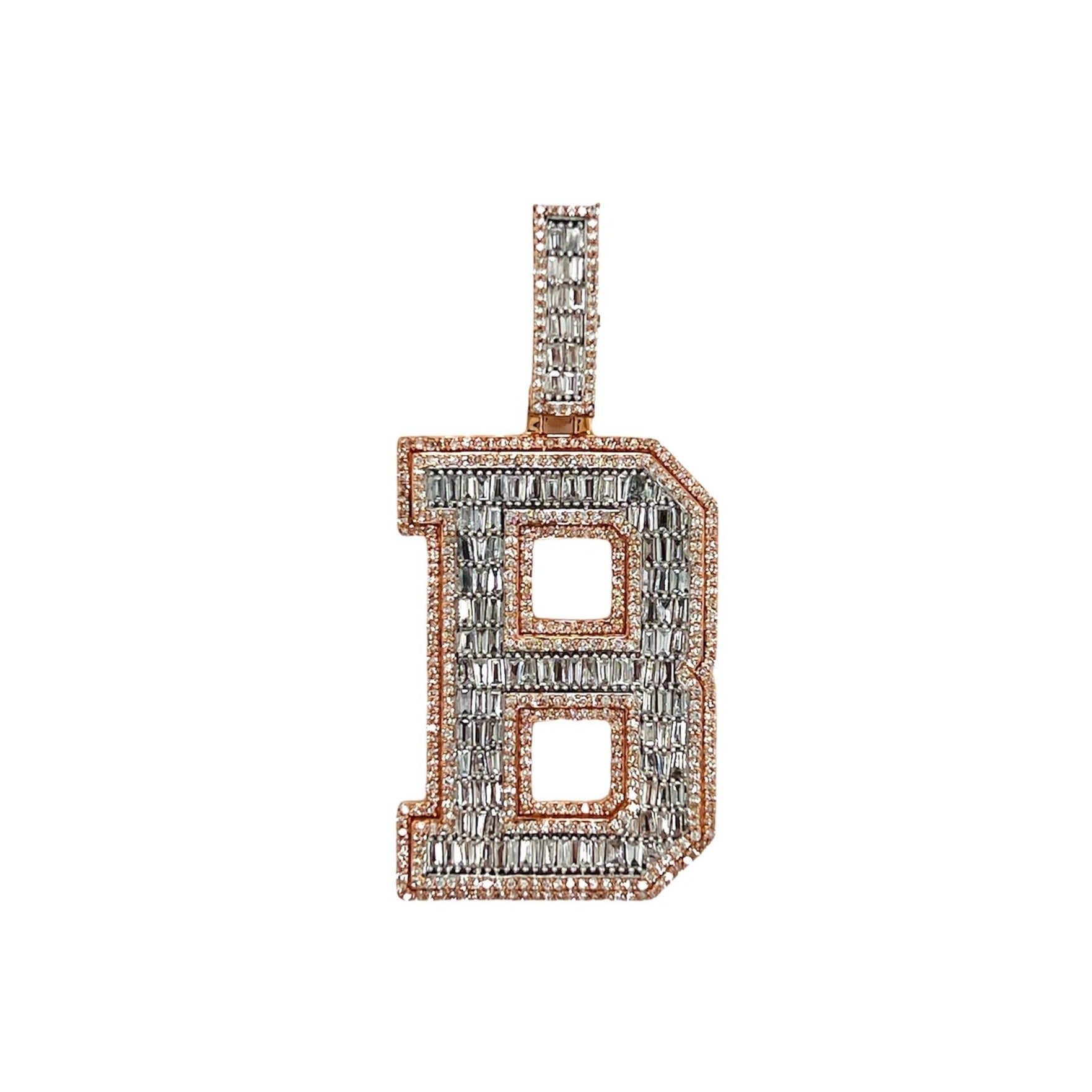 10K Rose White Gold 3D Letter B Initial Baguette Diamond Pendant 1.75 CT 1.75"