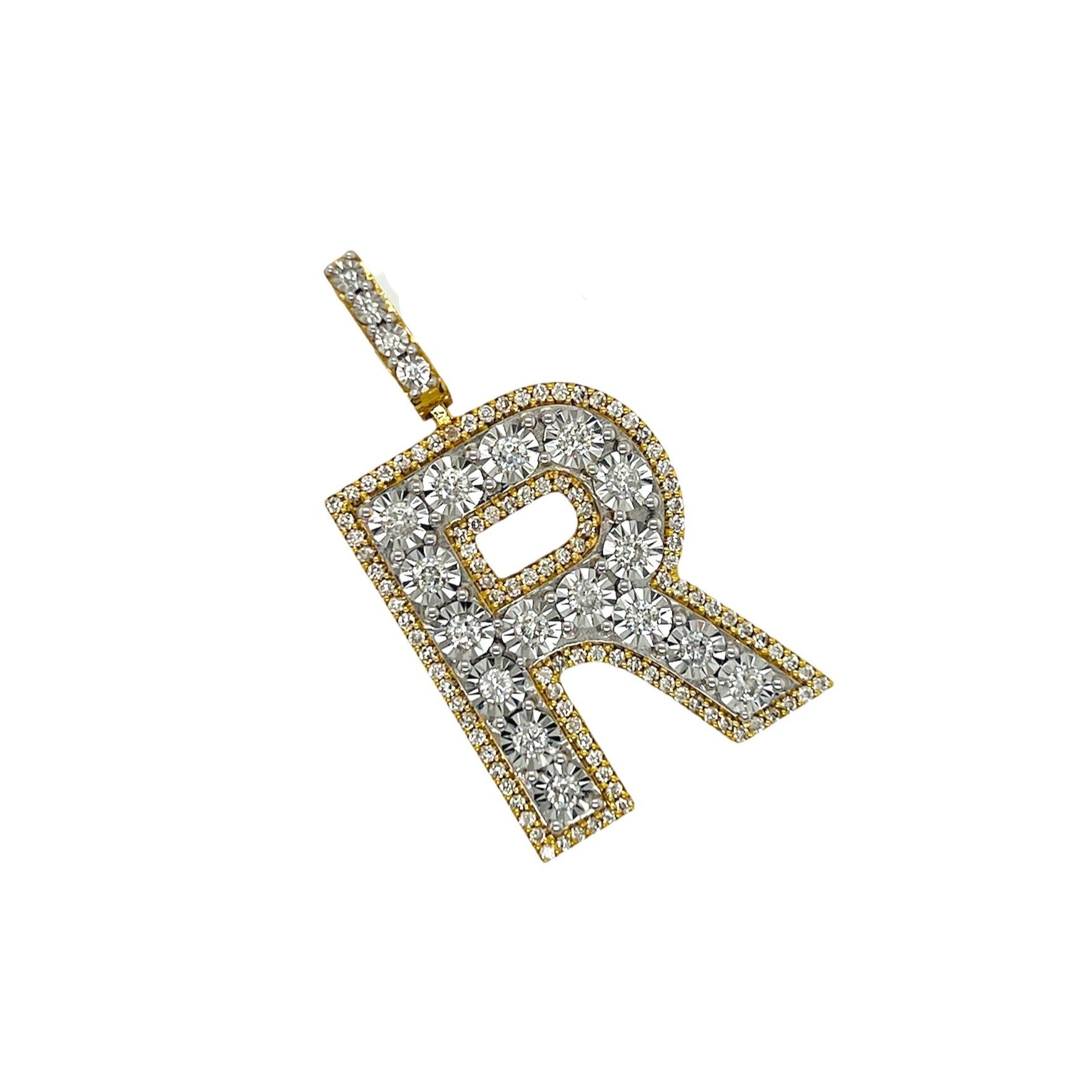 10K Yellow White Gold 3D Letter R Initial Diamond Pendant 1.50 CT 1.6"