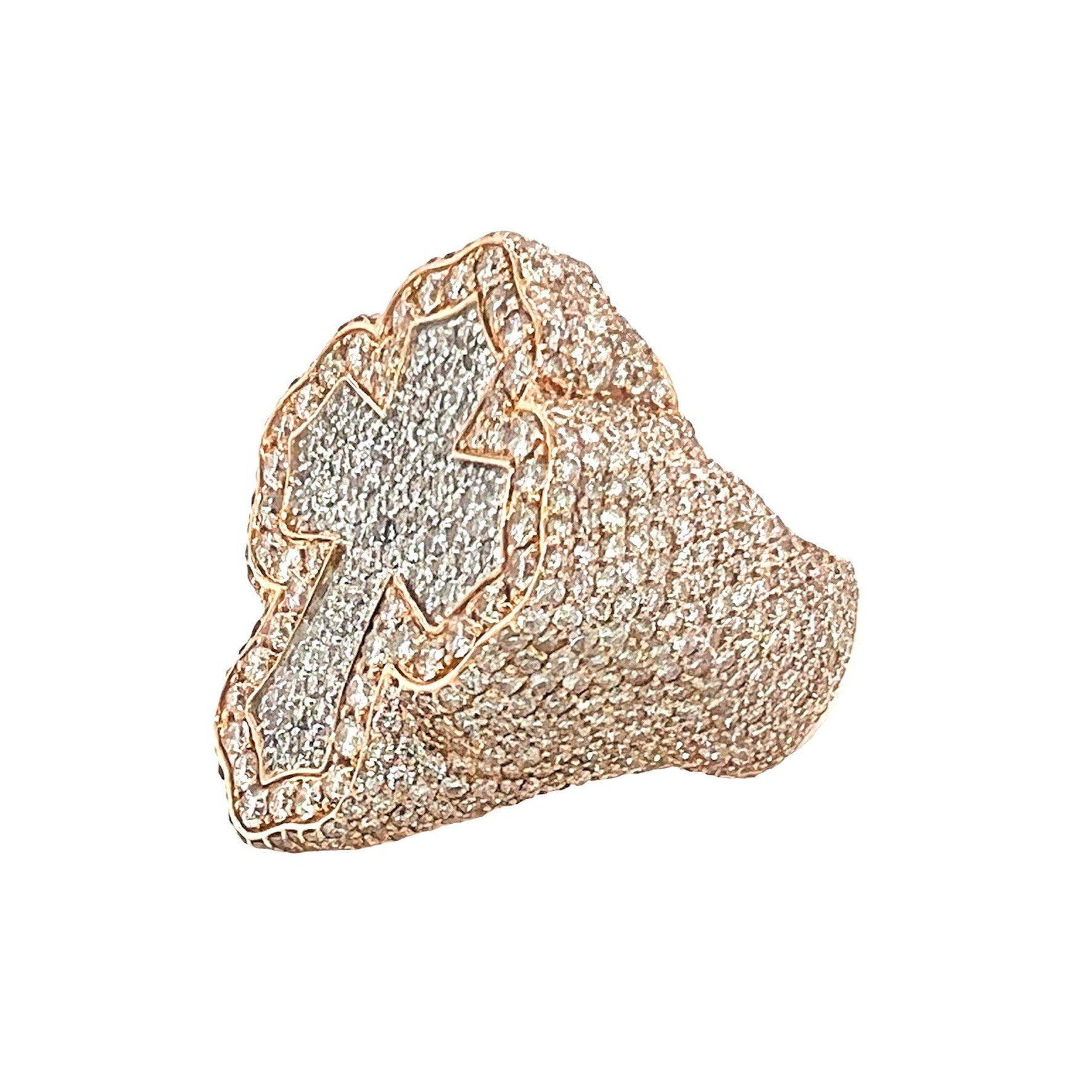 10K Rose Gold 32MM 3D Gothic Cross VS Diamond Ring 7.66 CT