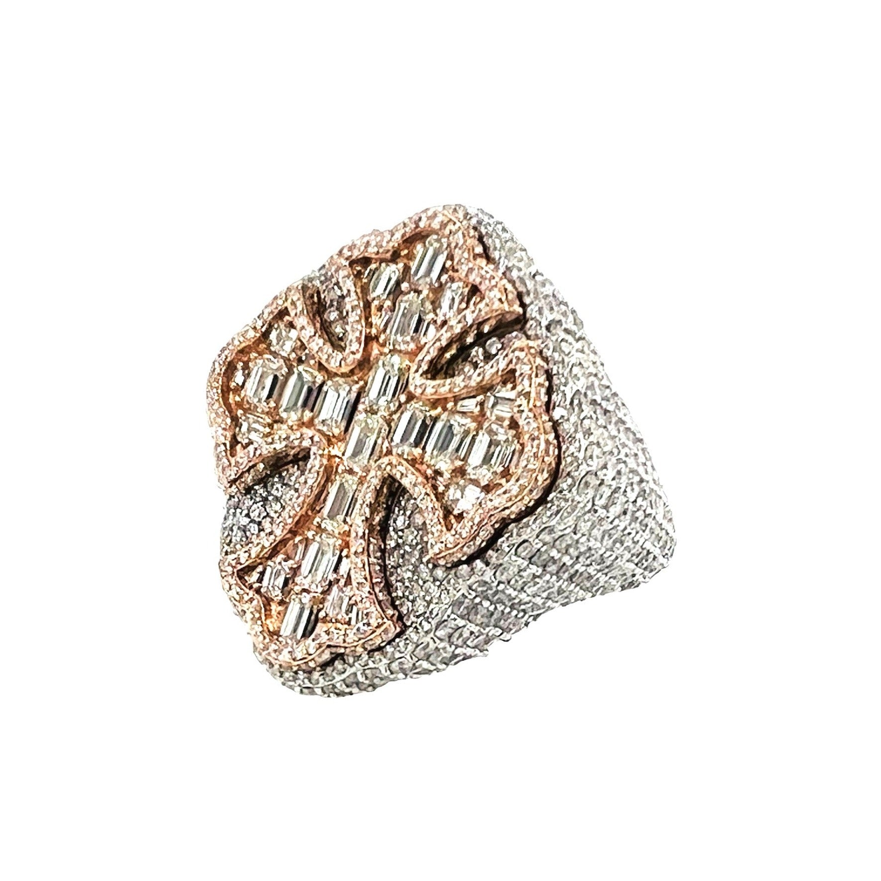 10K Rose White Gold 29MM 3D Gothic Cross Baguette Diamond Ring 7.69 CT