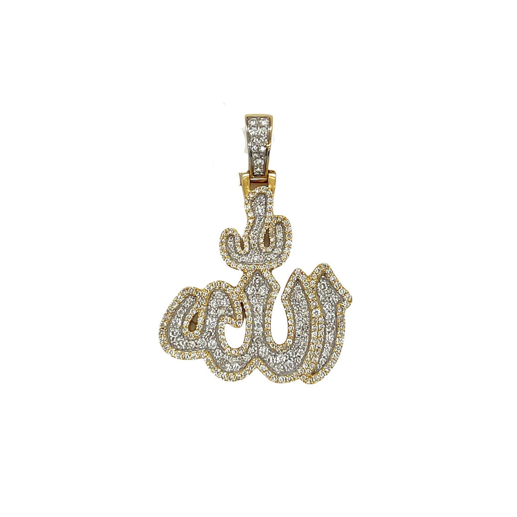 10K Yellow Gold 3D Arabic Allah Diamond Pendant 1.48 CT 1.75"