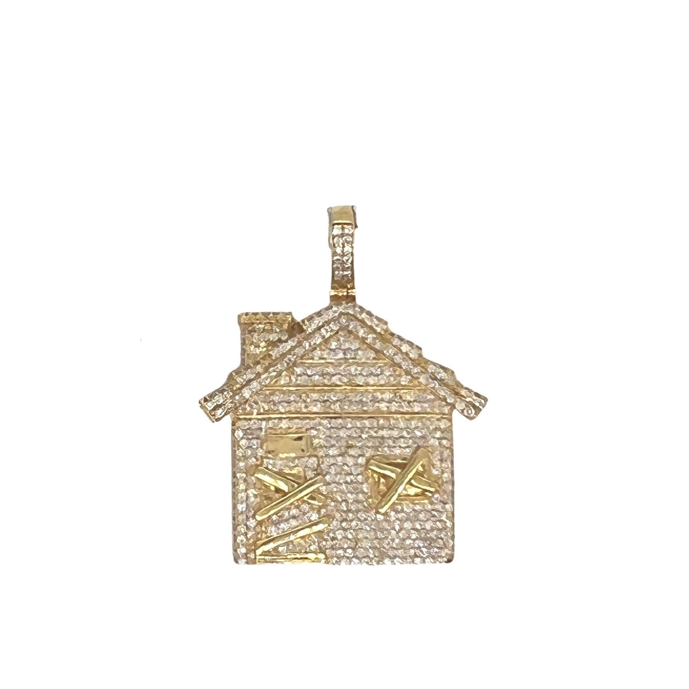 10K Yellow Gold 3D Trap House Diamond Pendant 1.85 CT 1.35"