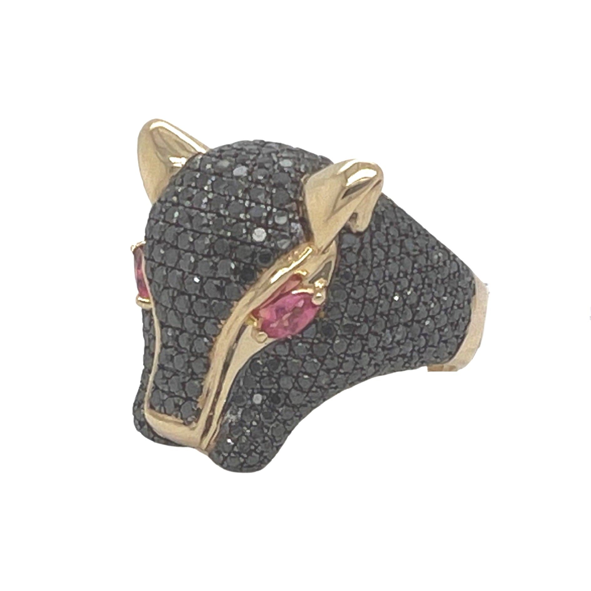 Mens 14K Yellow Gold Panther Head Black Diamond Ring 3.5 CT
