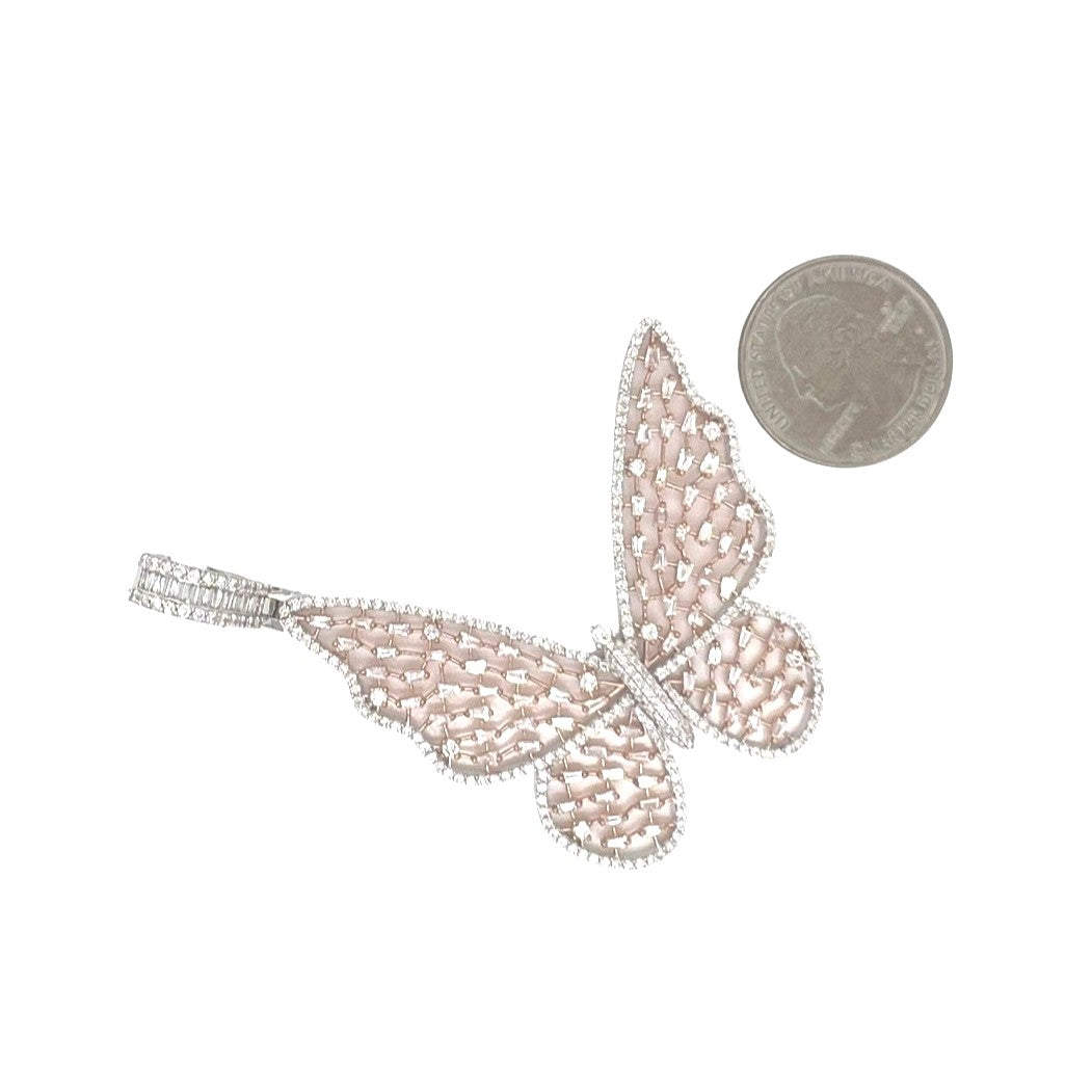 10K Rose White Gold Butterfly Baguette VS Diamond Pendant 5.5 CT 3"
