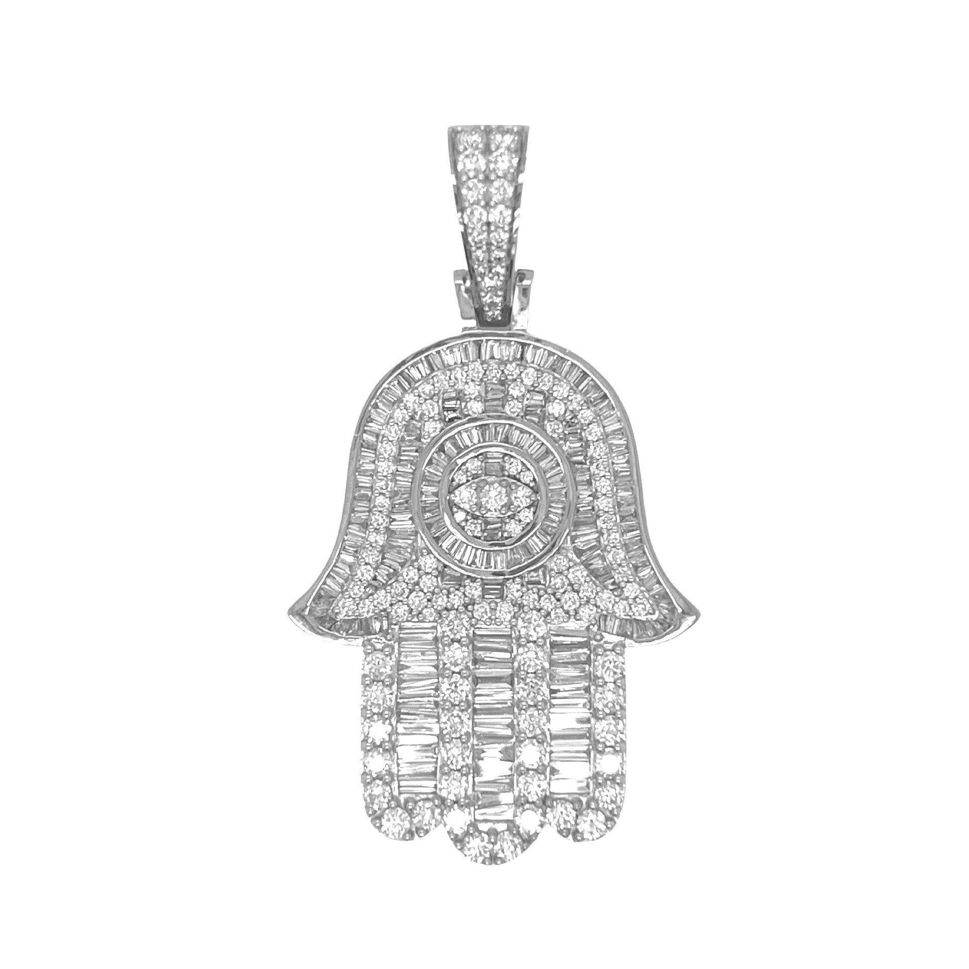 10K White Gold Hamsa Evil Eye Baguette Diamond Pendant 4.73 CT 2.2"