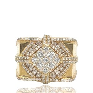 Mens 14K Yellow Gold Square Shape Cluster Diamond Ring 2.0 CT