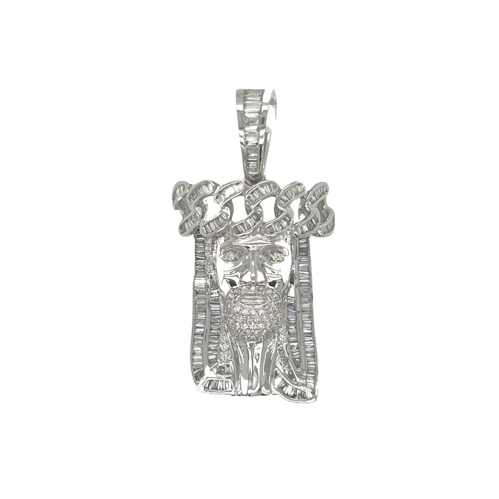 10K White Gold Cuban Crown Jesus Head Baguette Diamond Pendant 1.9 CT 1.75"