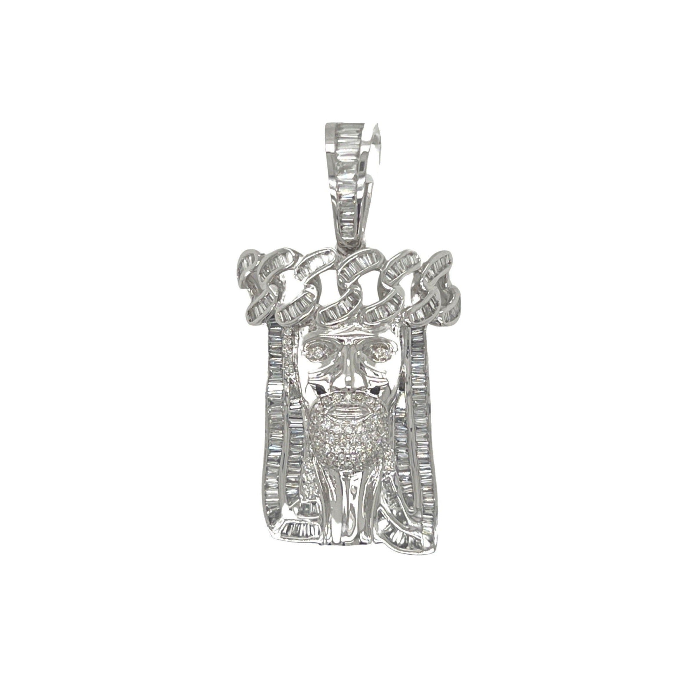 10K White Gold Cuban Crown Jesus Head Baguette Diamond Pendant 1.9 CT 1.75"