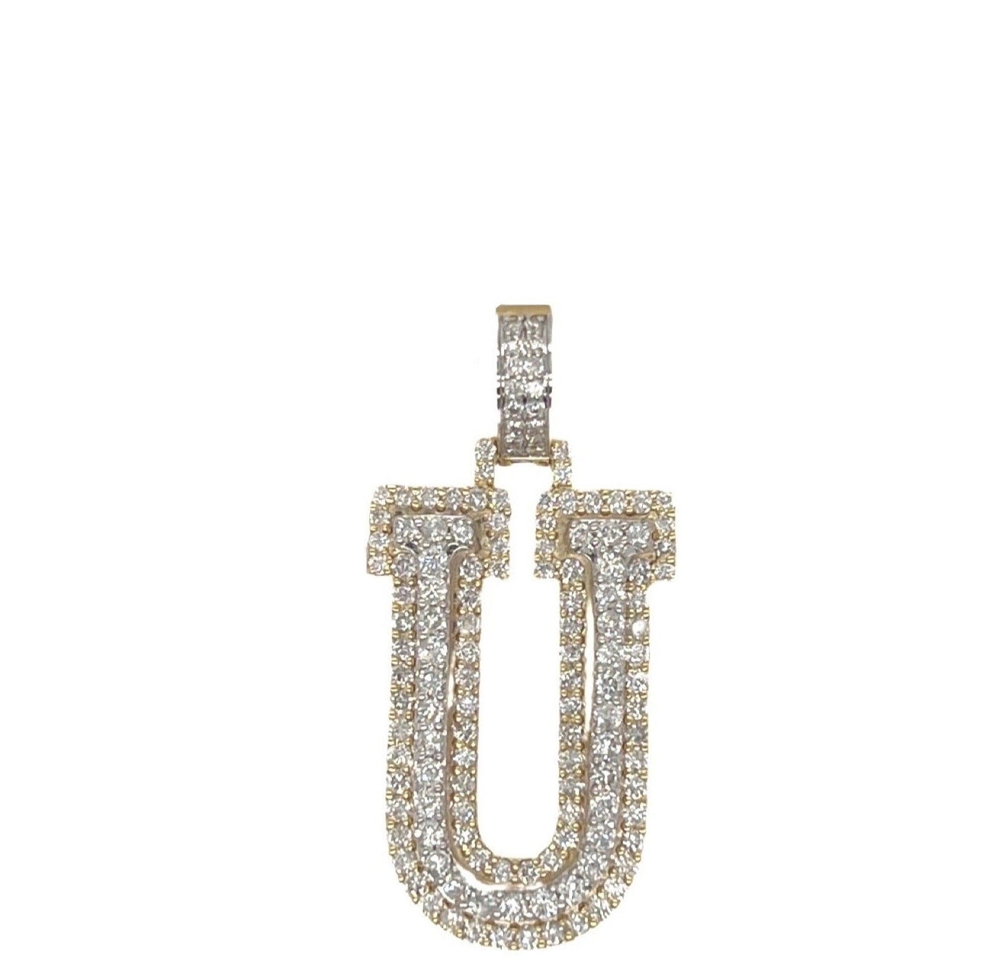 10K Yellow White Gold 3D Letter U Initial Diamond Pendant 1.64 CT 1.5"