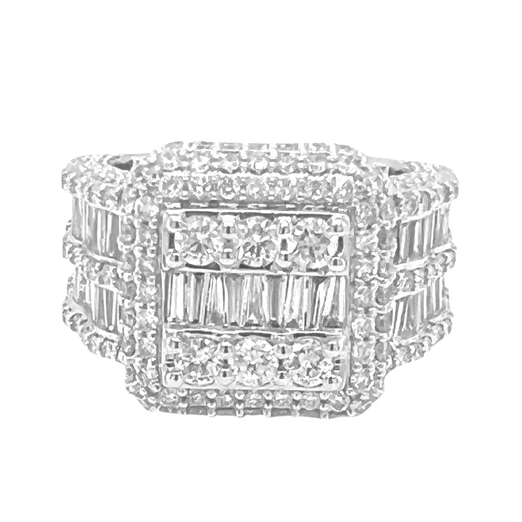 10K White Gold 17MM Square Top 3D Pinky VS Baguette Diamond Ring 5.83 CT