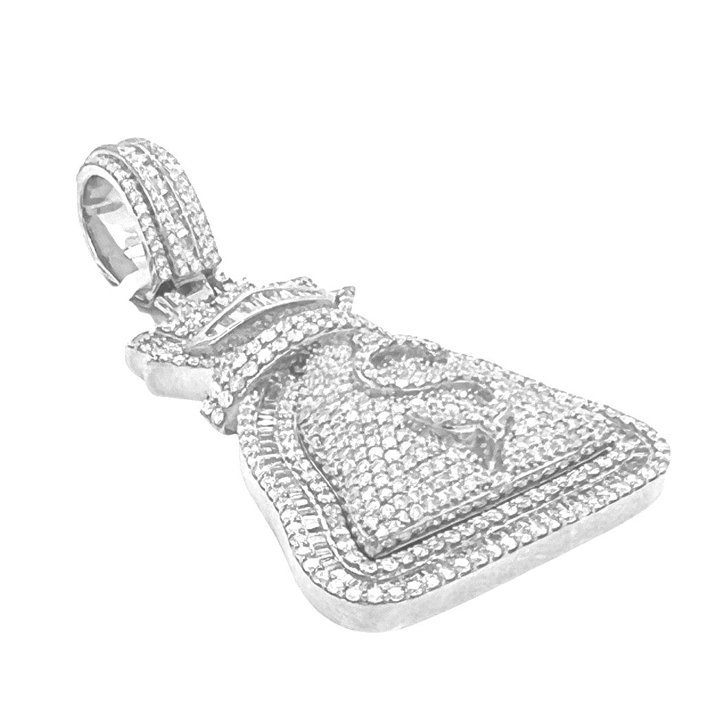 10K White Gold Moneybag $ Sign Baguette VS Diamond Pendant 3.89 CT 2.2"