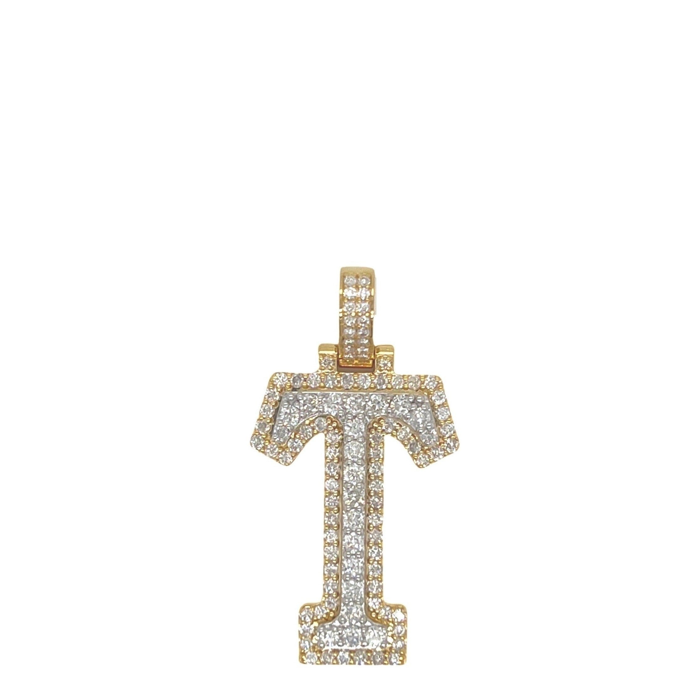 10K Yellow White Gold 3D Letter T Initial Diamond Pendant 1.47 CT 1.5"