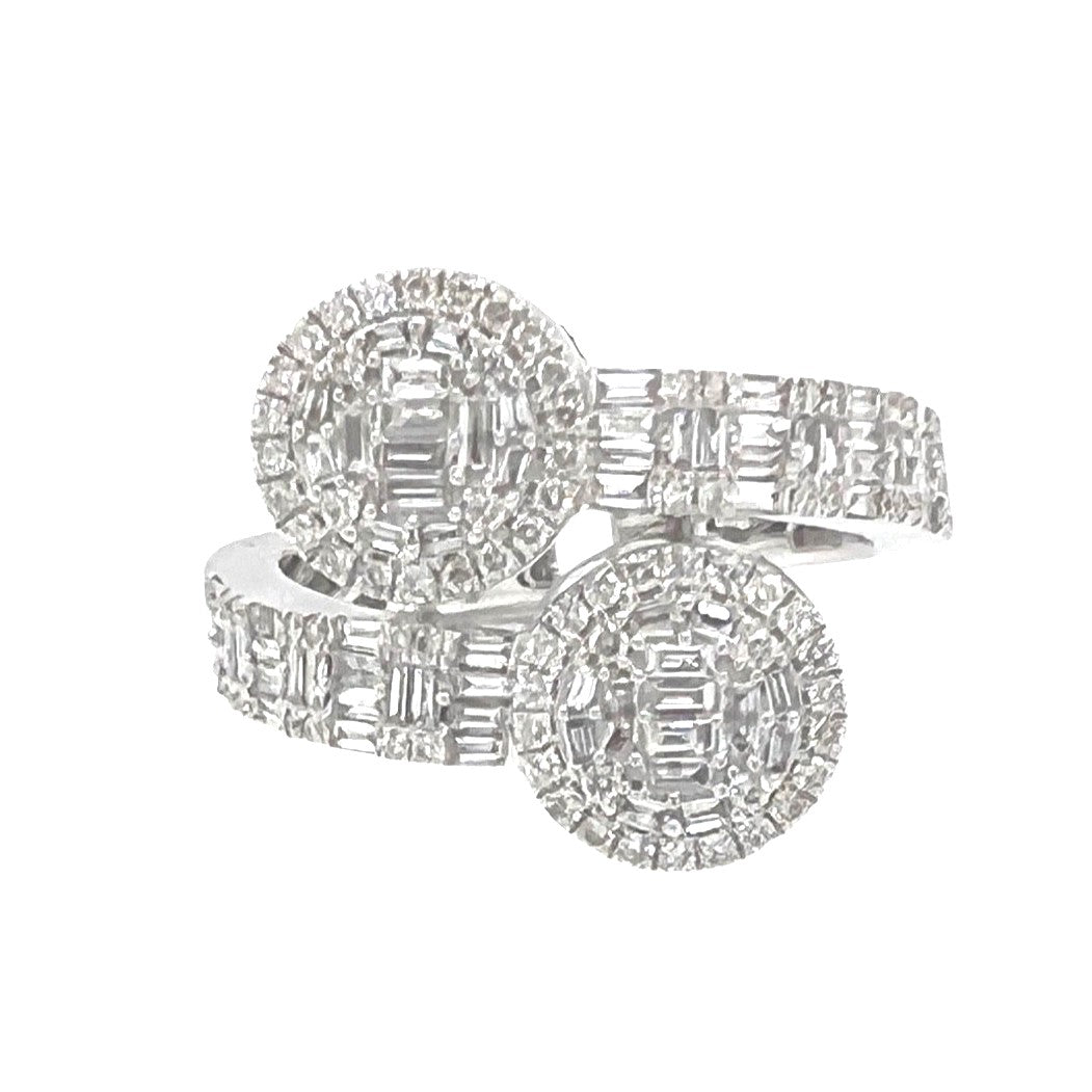 14K White Gold 17MM Designer Dual Round Top Baguette Diamond Ring 1.0 CT