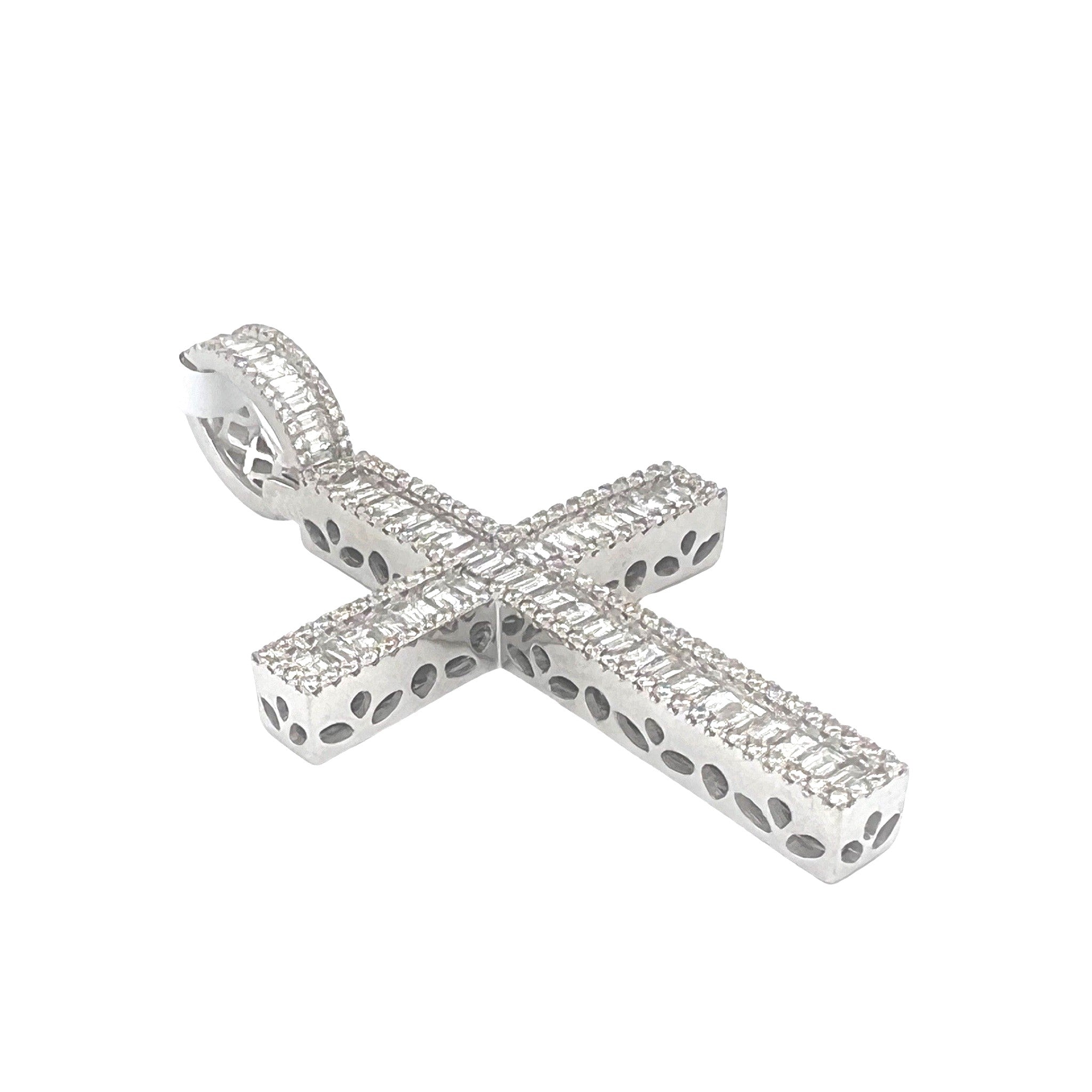 14K White Gold Baguette Diamond Cross Pendant 4.7 CT 2.5"