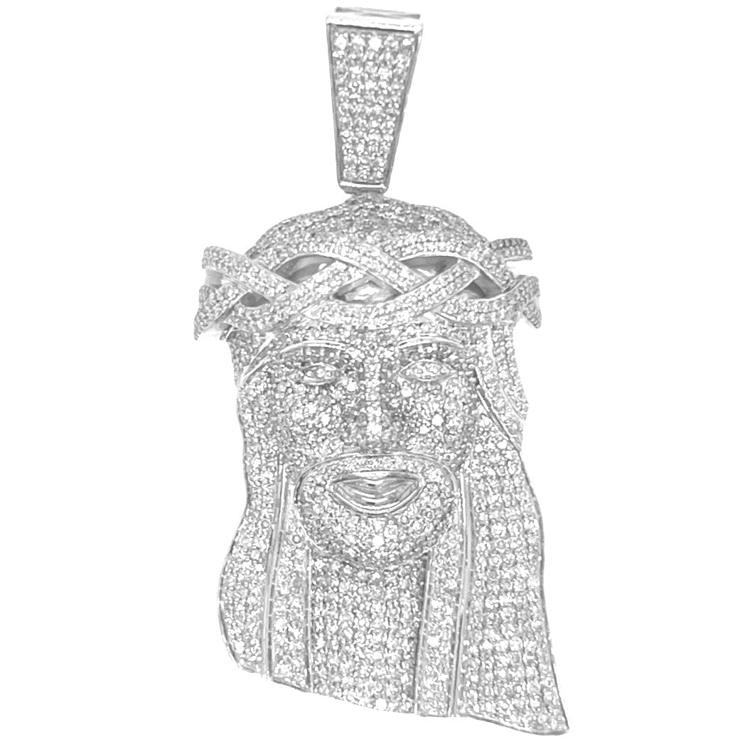 10K White Gold Jesus Head Iced Diamond Pendant 3.33 CT 2.2"
