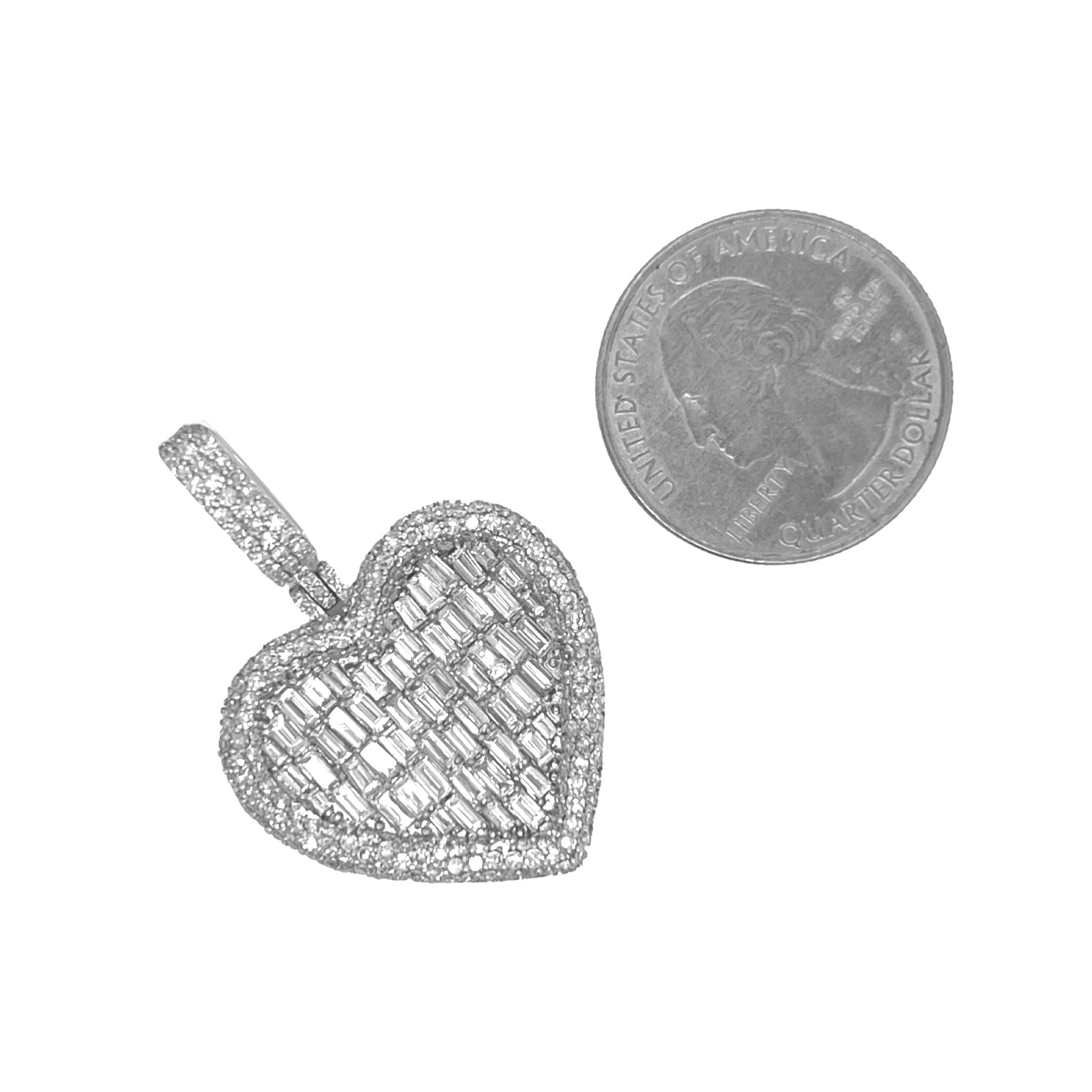 10K White Gold Heart Emerald Diamond Pendant 4.03 CT 1.5"