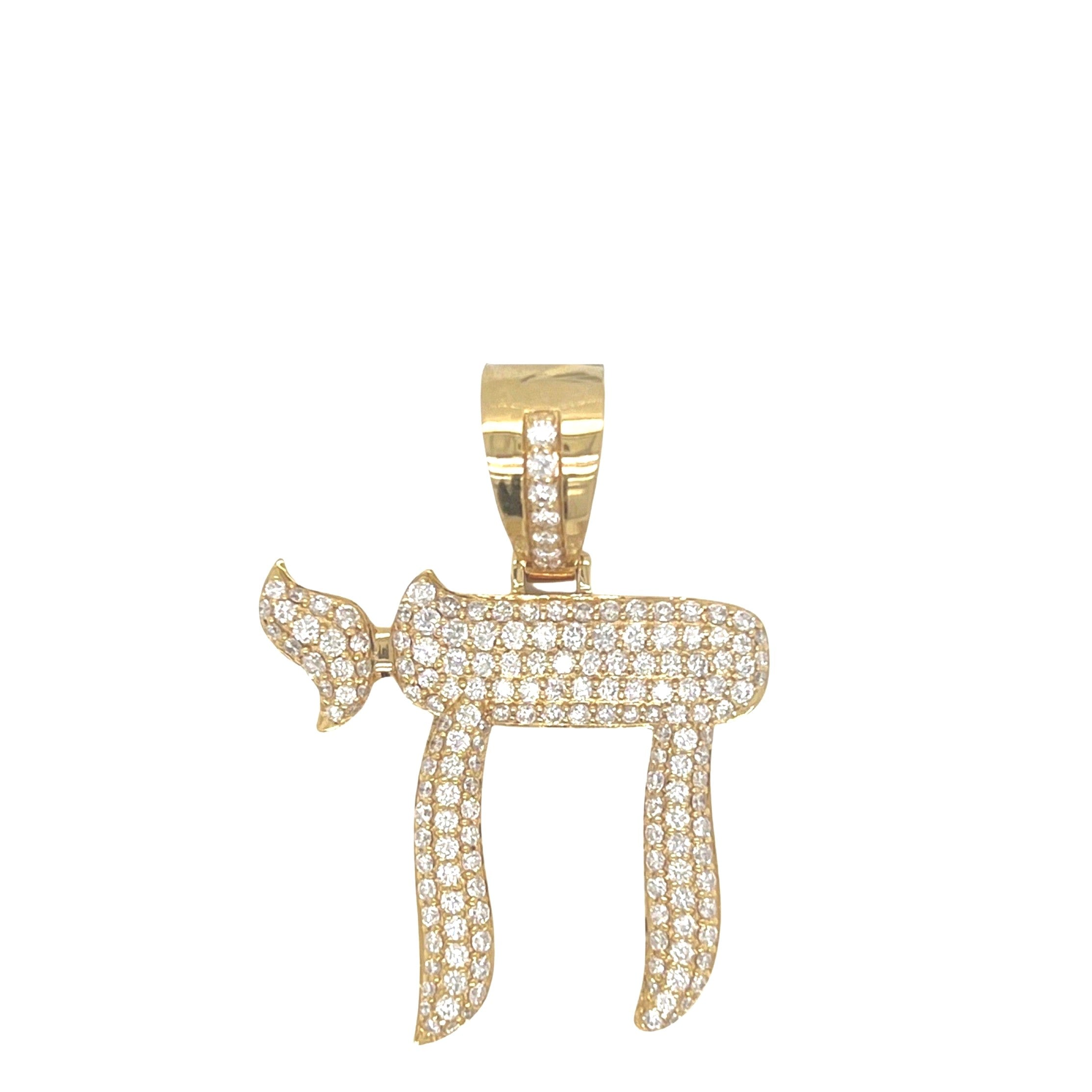 14K Yellow Gold Jewish Chai Sign VS Diamond Pendant 2.0 CT 1.7"