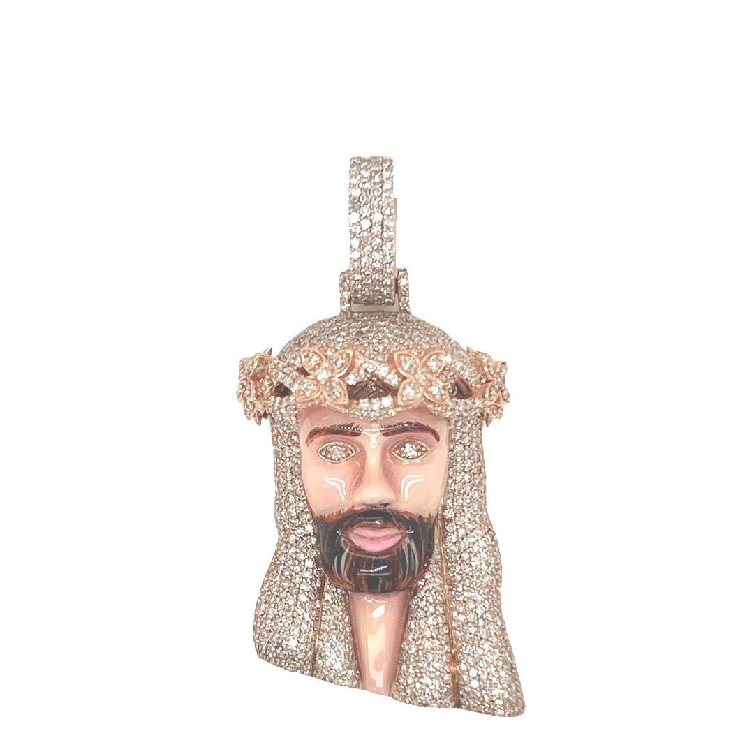 10K Rose Gold Enamel Crown Jesus Head Diamond Pendant 2.87 CT 2"