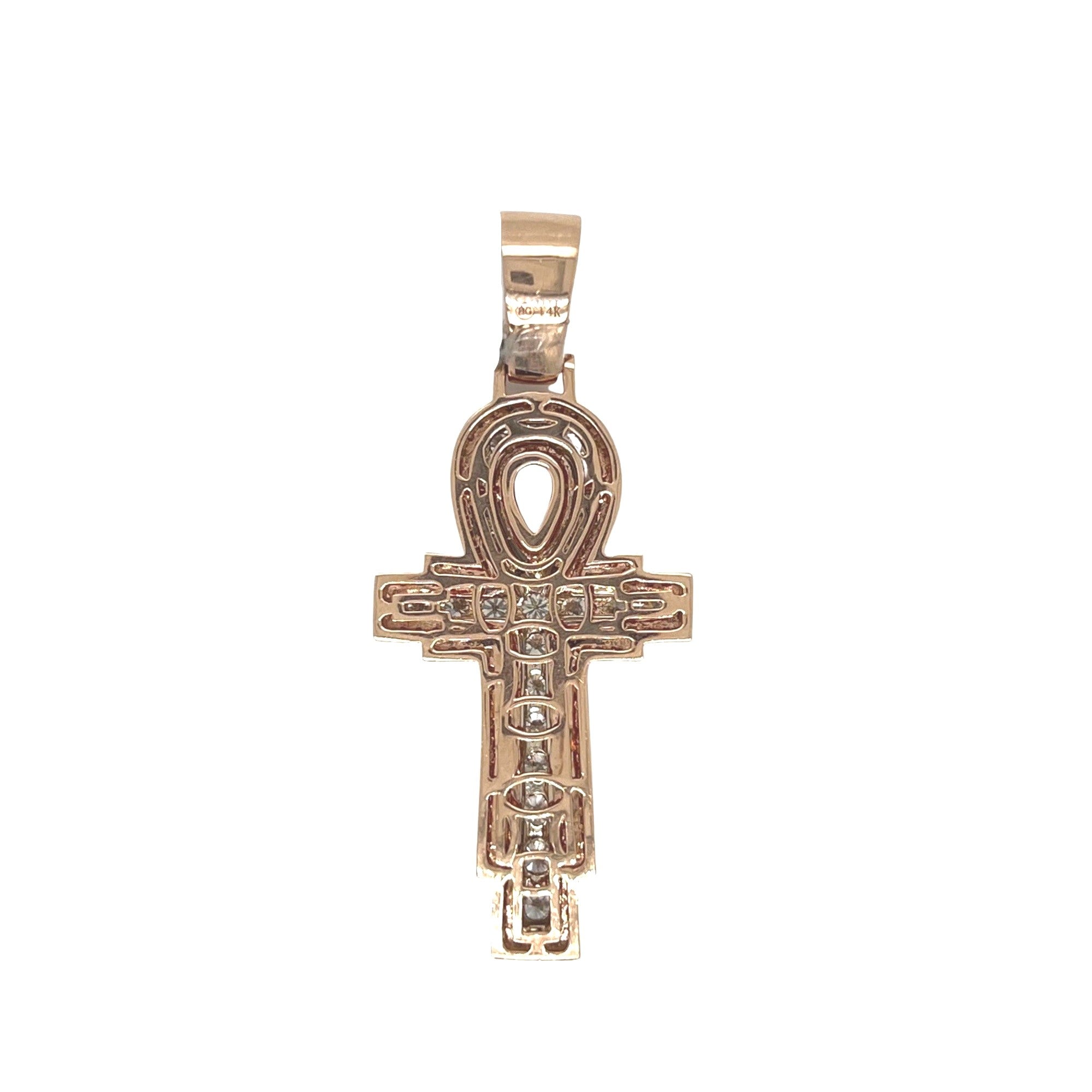 14K Two-Tone Gold 3D Egyptian Ankh Diamond Cross Pendant 3.0 CT 2"