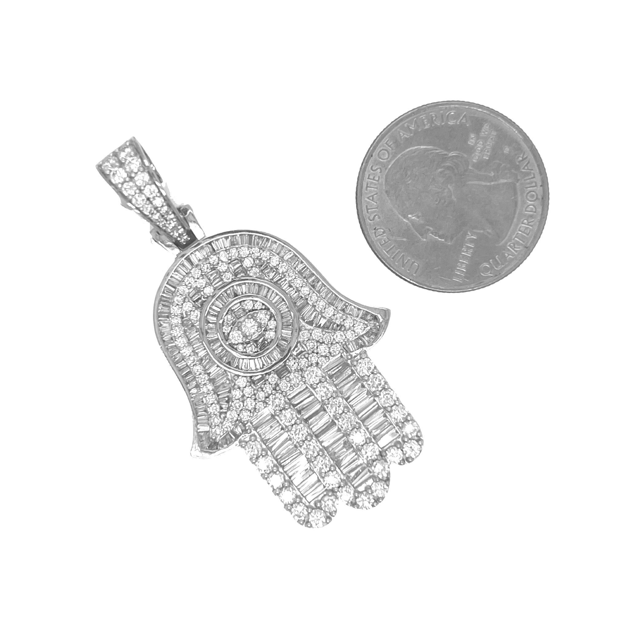 10K White Gold Hamsa Evil Eye Baguette Diamond Pendant 4.73 CT 2.2"