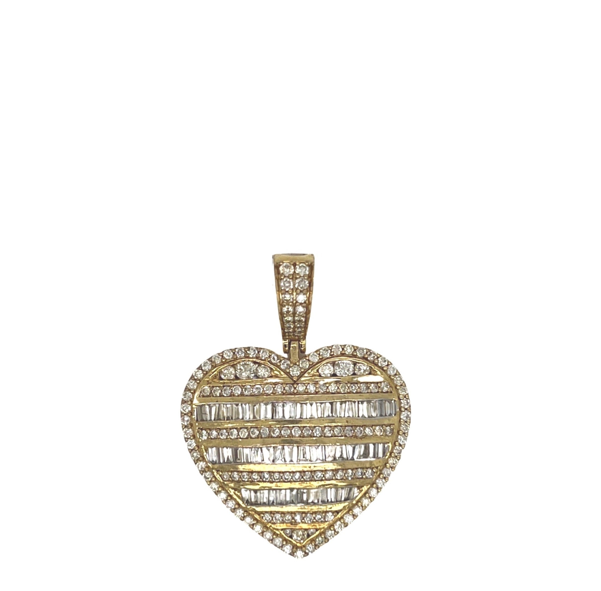 10K Yellow Gold Heart Baguette Diamond Pendant 2.18 CT 1.4"