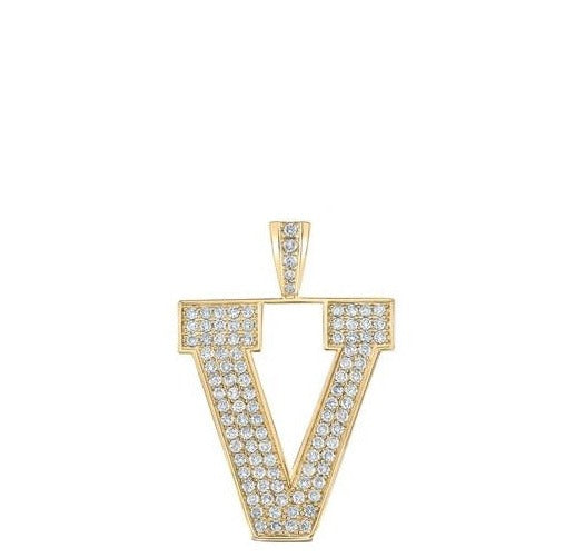 10K Yellow Gold Block Letter V Initial Diamond Pendant 1.71 CT 1.6"