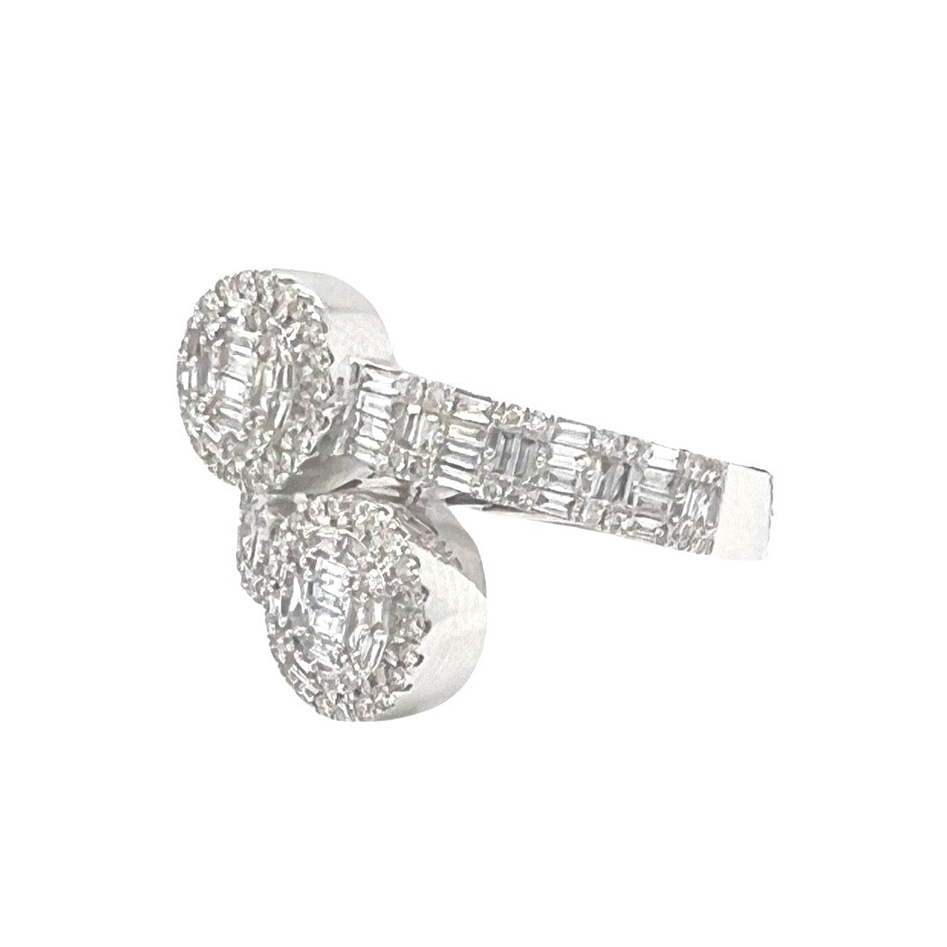 14K White Gold 17MM Designer Dual Round Top Baguette Diamond Ring 1.0 CT