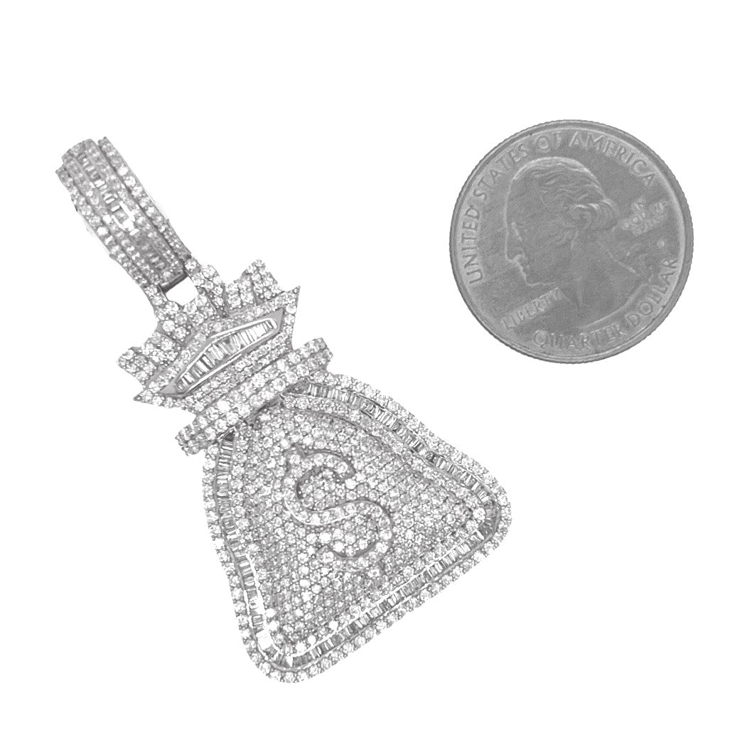 10K White Gold Moneybag $ Sign Baguette VS Diamond Pendant 3.89 CT 2.2"