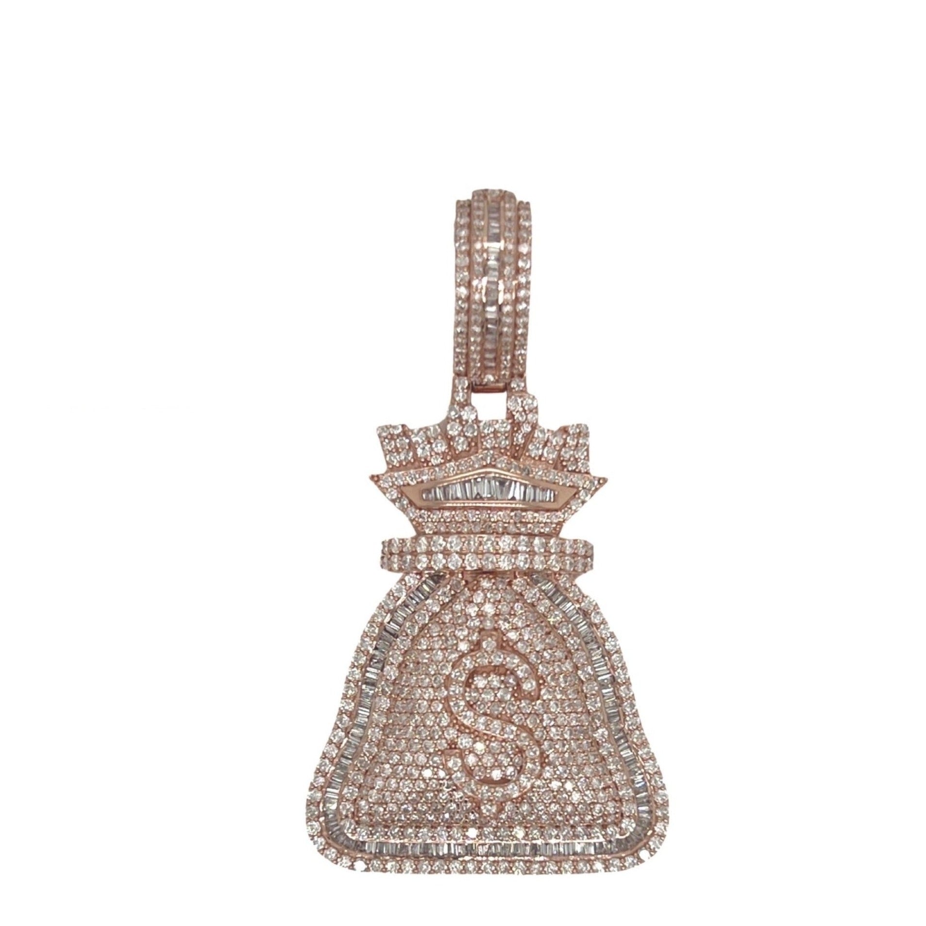 10K Rose Gold Moneybag $ Sign Baguette VS Diamond Pendant 3.9 CT 2.2"
