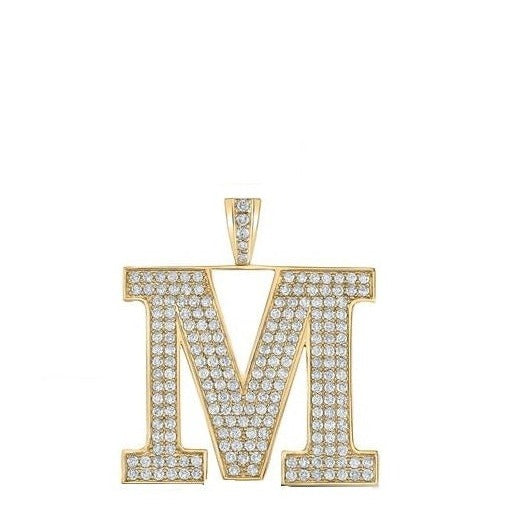 10K Yellow Gold Block Letter M Initial Diamond Pendant 3.42 CT 1.6"