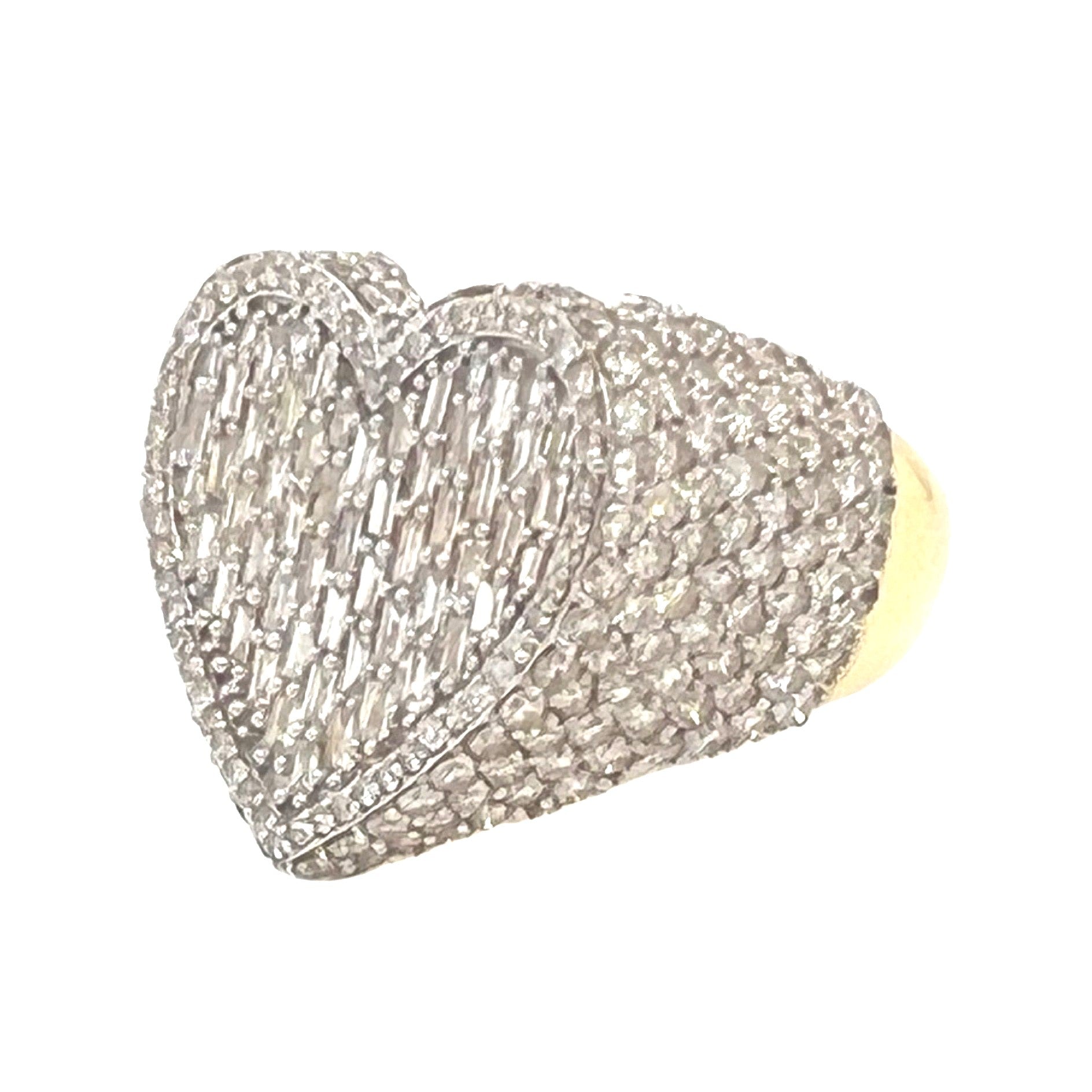 Unisex 14K Yellow Gold 3D Heart Shape Baguette Diamond Ring 4.76 CT
