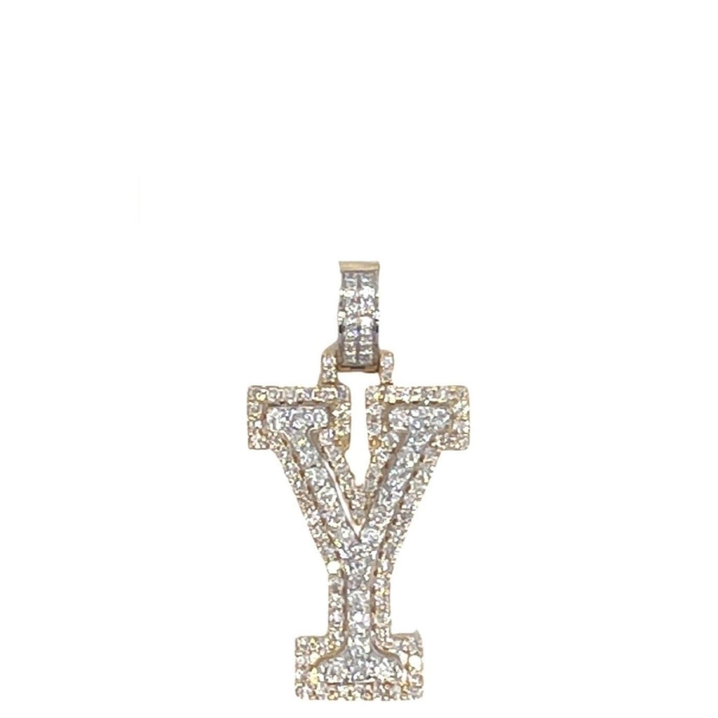 10K Yellow White Gold 3D Letter Y Initial Diamond Pendant 1.40 CT 1.5"