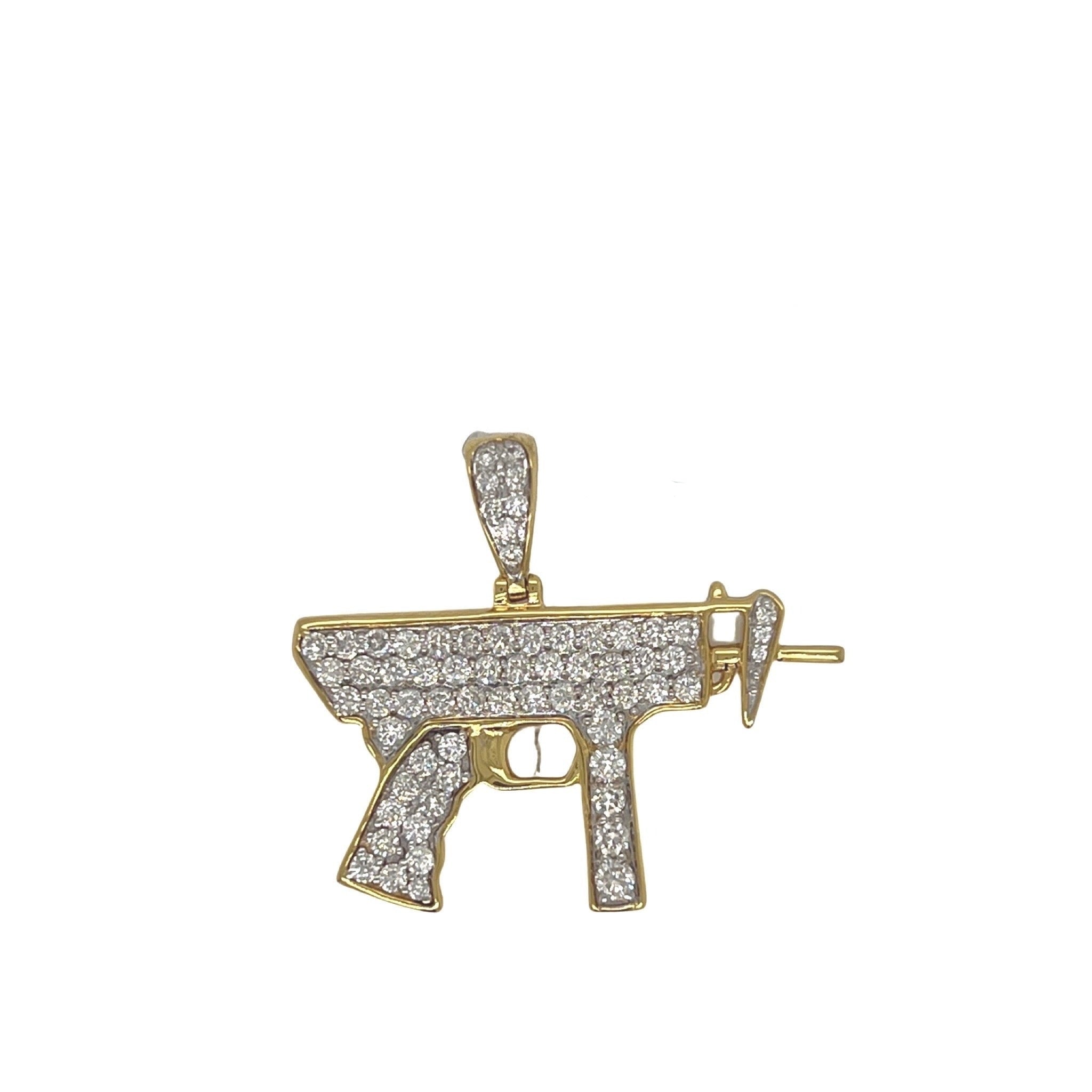 10K Yellow Gold Uzi Gun Diamond Pendant 1.5 CT 1.4"