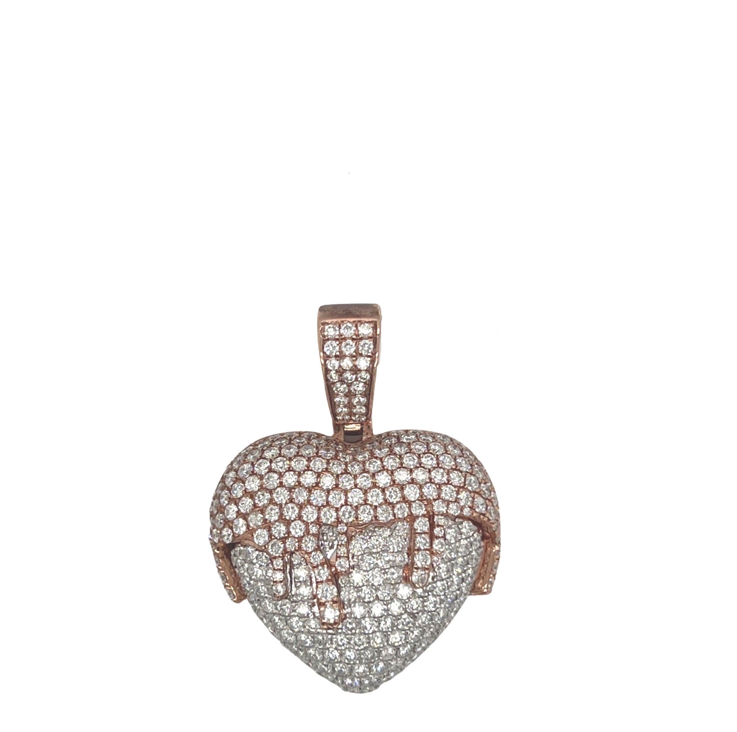 10K Two-Tone Gold Puffed Dripping Heart VS Diamond Pendant 4.0 CT 1.5"