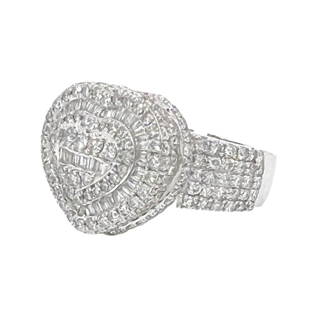 Unisex 14K White Gold 3D Heart Shape Baguette Diamond Ring 4.35 CT